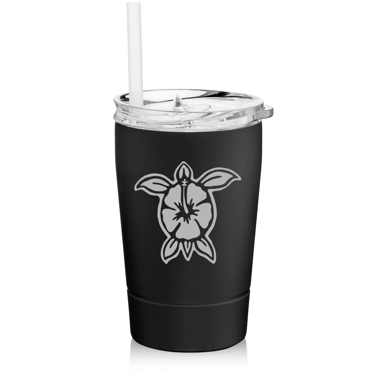12 oz Stainless Steel Vacuum Insulated Tumbler with Straw - Double Wall Insulated Travel Mug for Hot & Cold Drinks - Hibiscus Turtle Design (Black) - Perfect for Coffee, Tea, Smoothies & Outdoor Activities