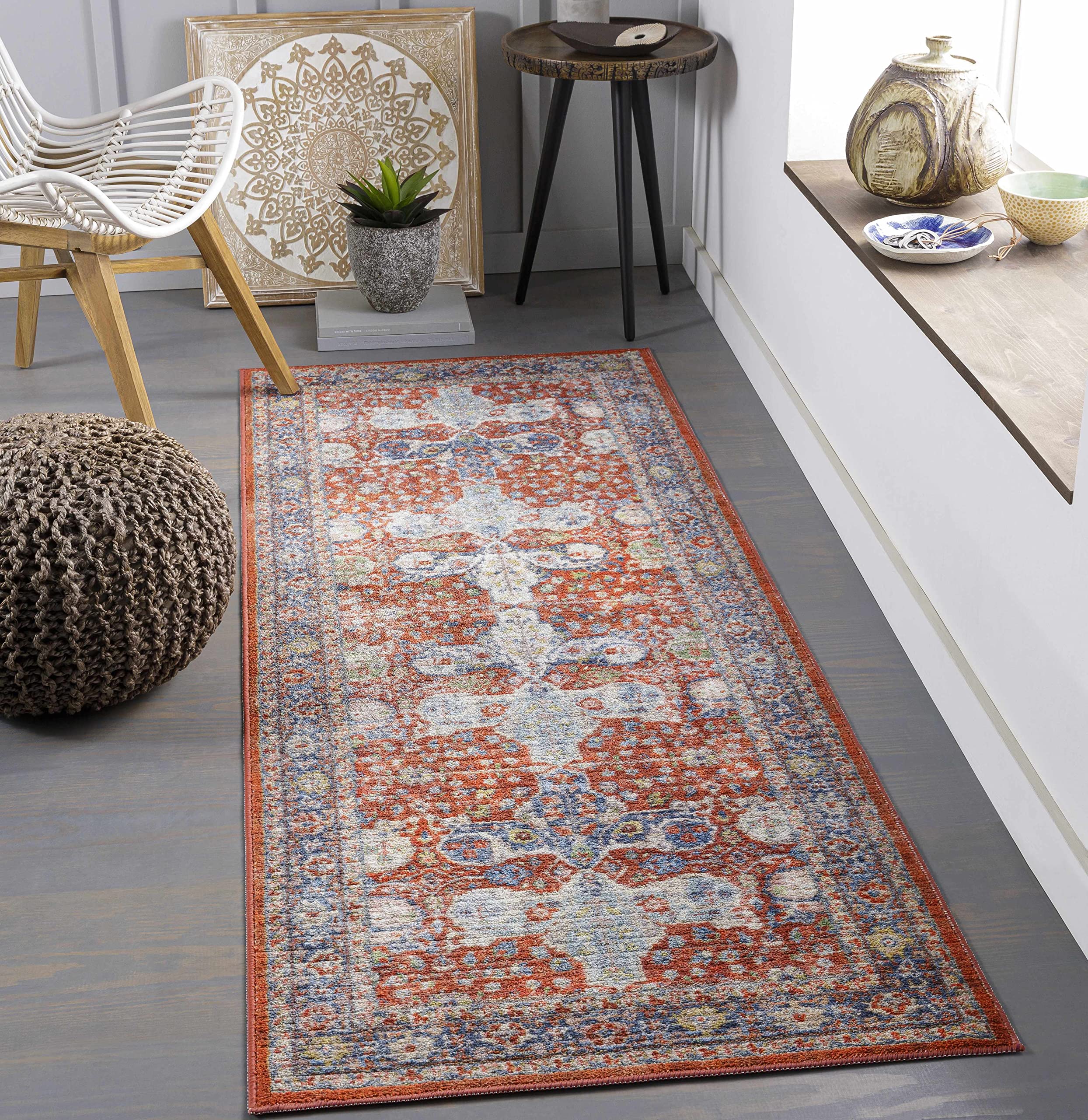 Machine Washable Hauteloom Kangundo Traditional Area Rug - Red, Navy, Denim - 6'7