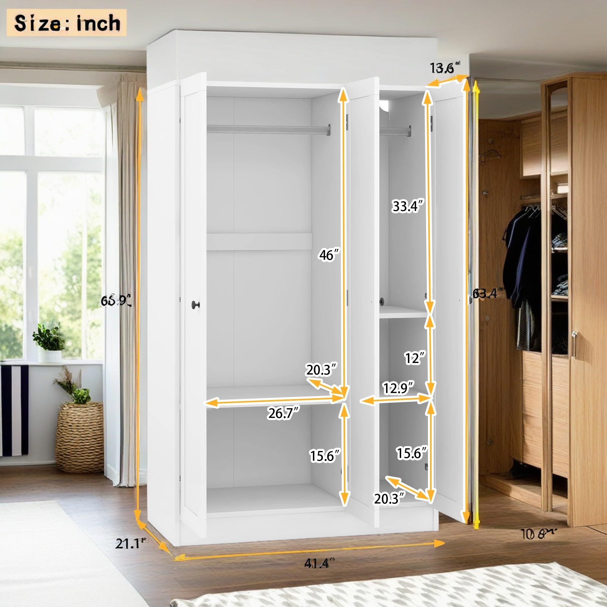 **KELRIA Modern 3-Door Armoire Wardrobe with Shelves & Hanging Rod - Large Freestanding Storage Closet, Wooden Clothes Organizer Cabinet for Bedroom, Guest Room, White - Perfect for Home Organization & Space Saving**