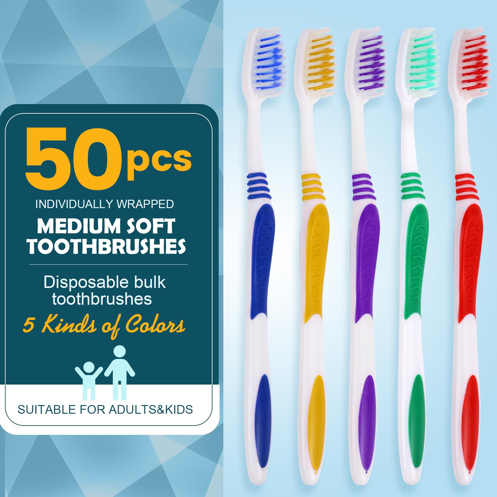 50 Pack Individually Wrapped Disposable Toothbrushes - Soft Bristles for Adults & Kids - Ergonomic Handle - Perfect for Travel, Hotels, Donations, Camping & Emergency Kits