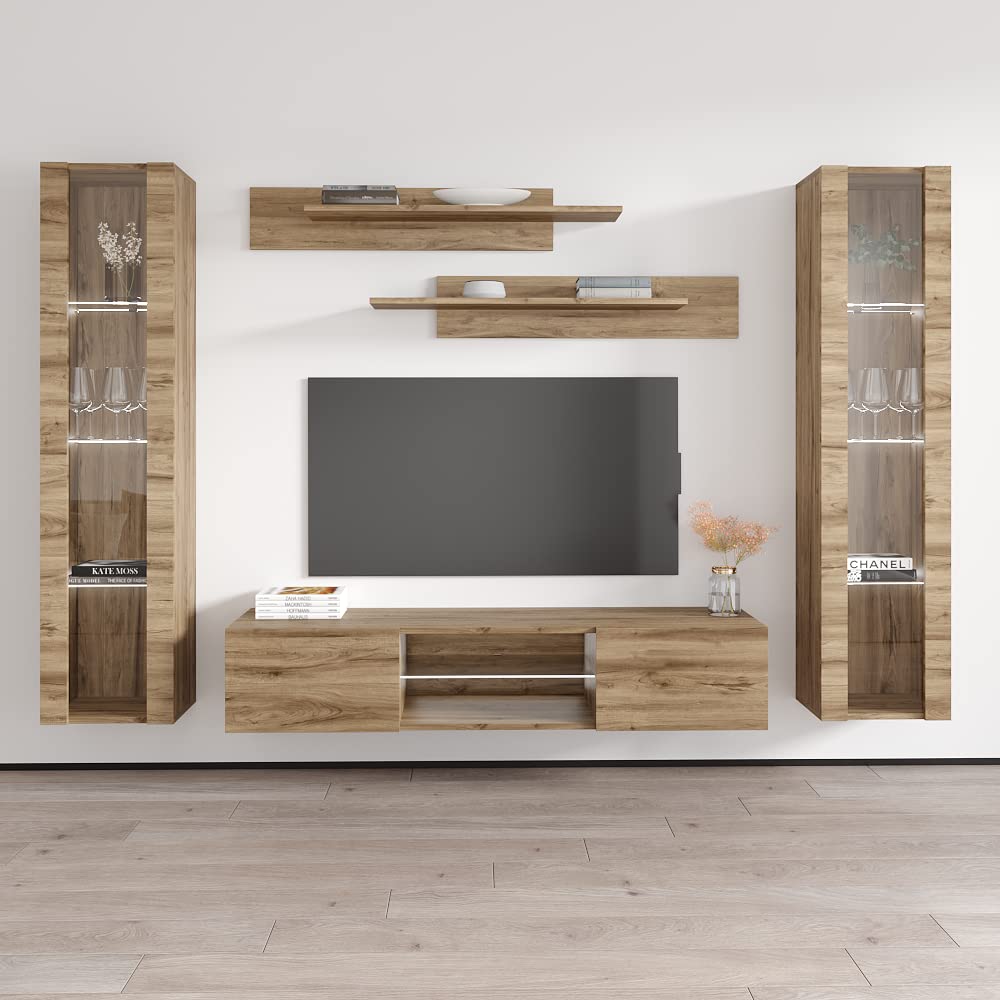 Modern Floating TV Stand with Storage & LED Lights - Wall-Mounted Entertainment Center for Bedroom & Living Room - Oak Wood TV Console with Shelves | Perfect for Small Spaces & Home Theater Setup