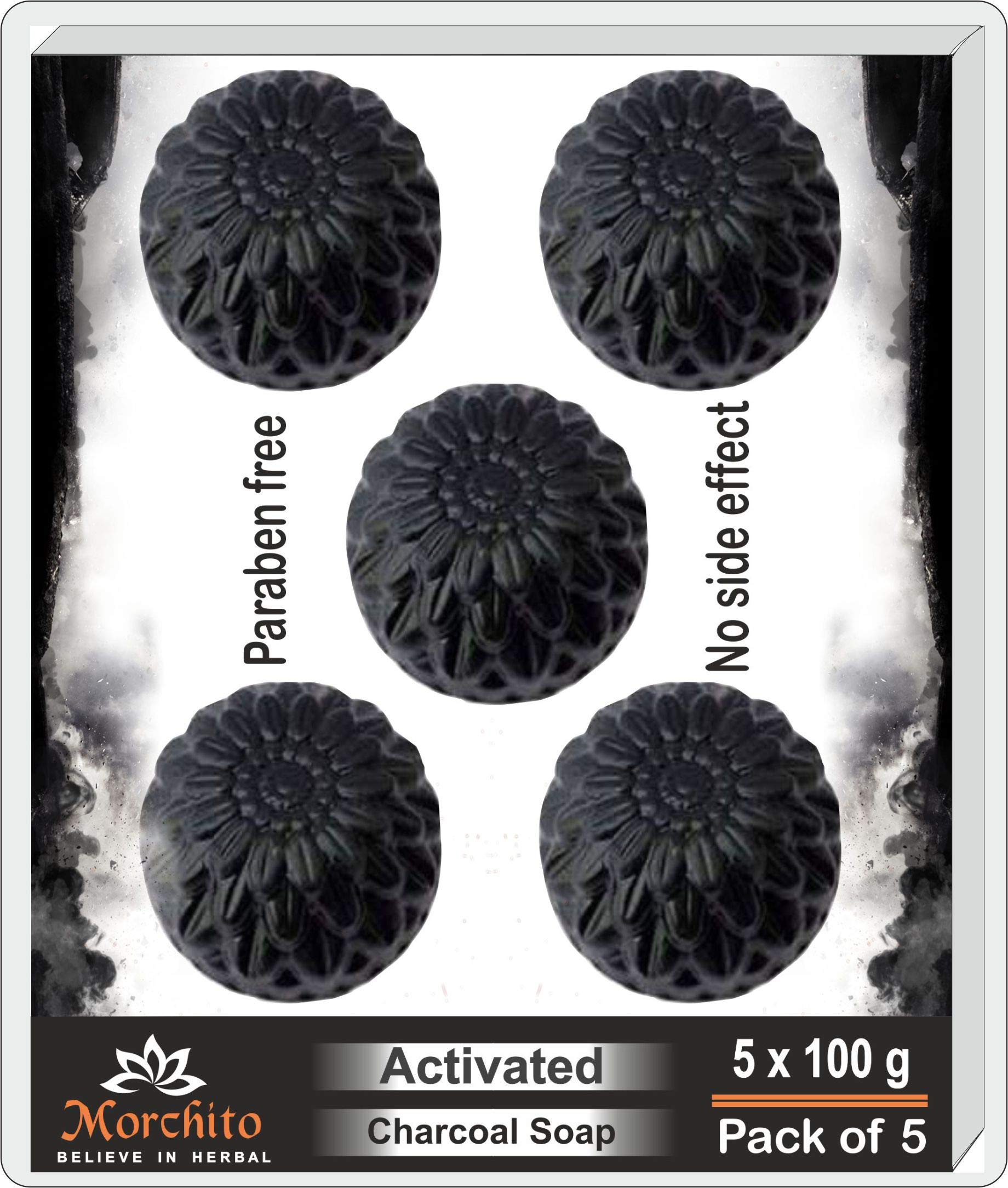 Morchito Activated Charcoal Soap - Natural Detox & Skin Whitening Bar for Women, Acne & Blackhead Treatment, Anti-Wrinkle Face & Body Cleanser | Pack of 5 (5x100g) | Perfect for Daily Skincare Routine & Deep Pore Cleansing