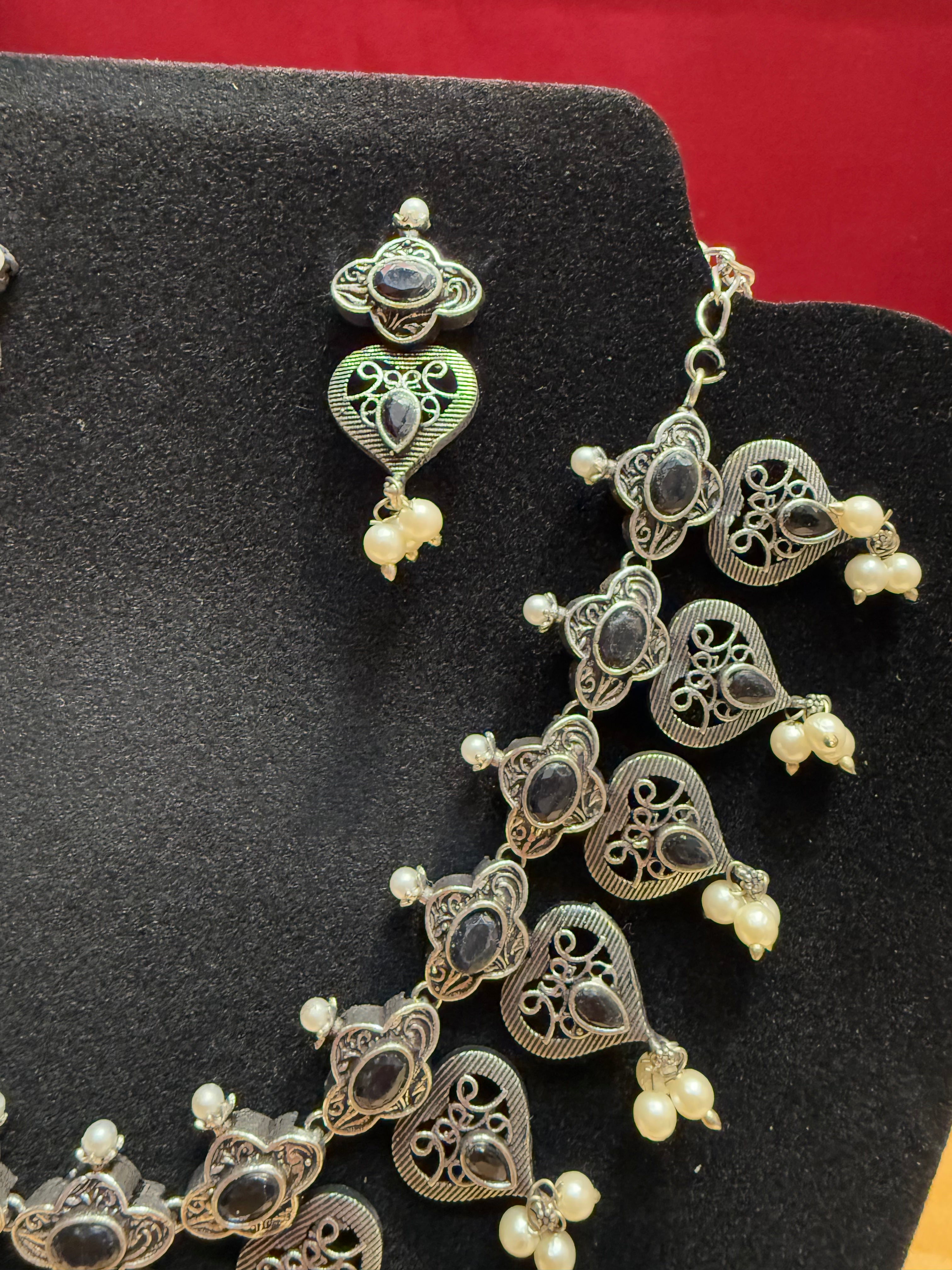 Elegant Black Oxidized Pearl Drop Necklace and Earrings Set - Perfect for Weddings, Parties & Special Occasions