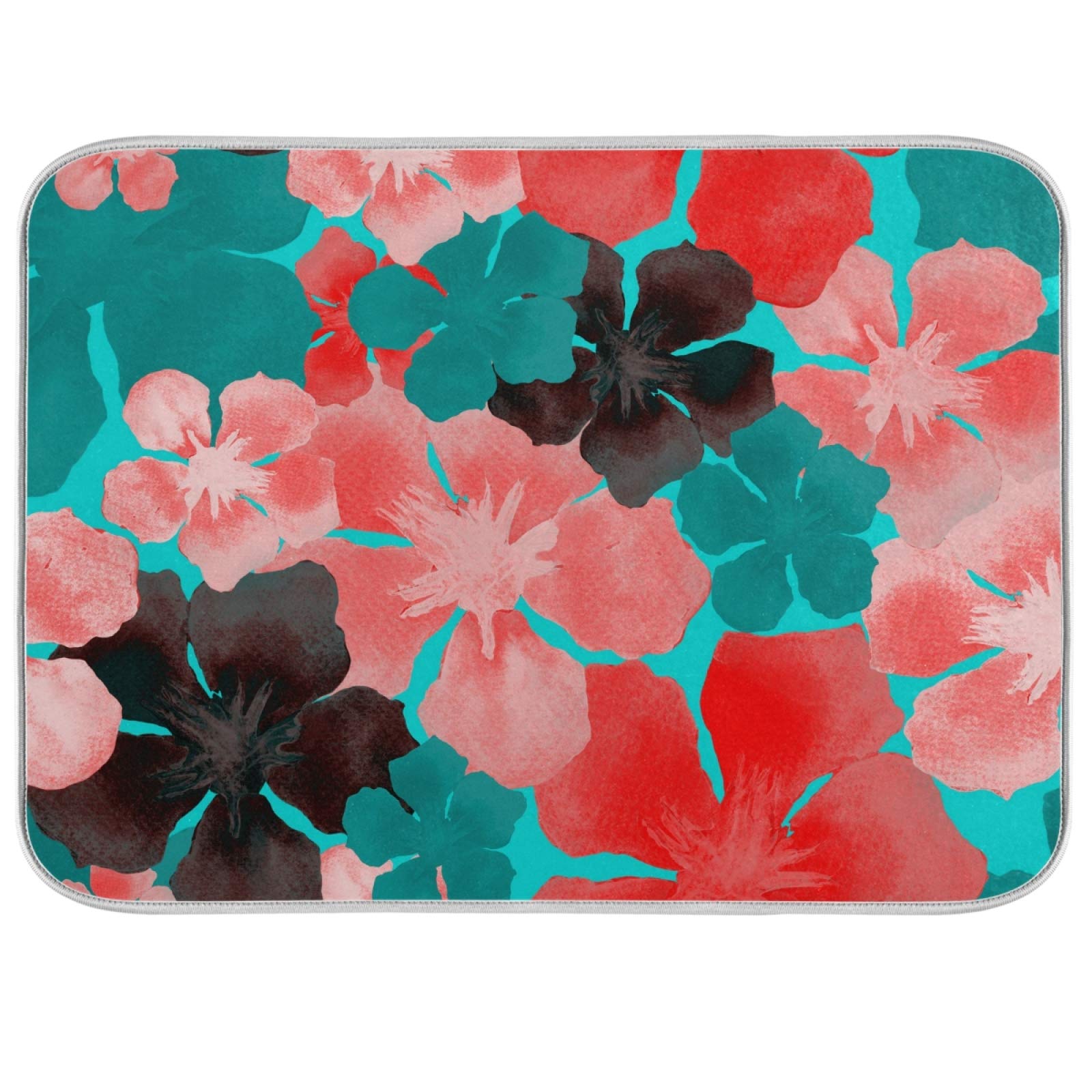 Premium Absorbent Microfiber Dish Drying Mat - 18x24 Inch Reversible Kitchen Counter Mat in Blue/Red Floral Pattern | Heat-Resistant Drying Pad & Dish Drainer for Countertops | Perfect for Drying Dishes, Protecting Countertops & Organizing Kitchen Space