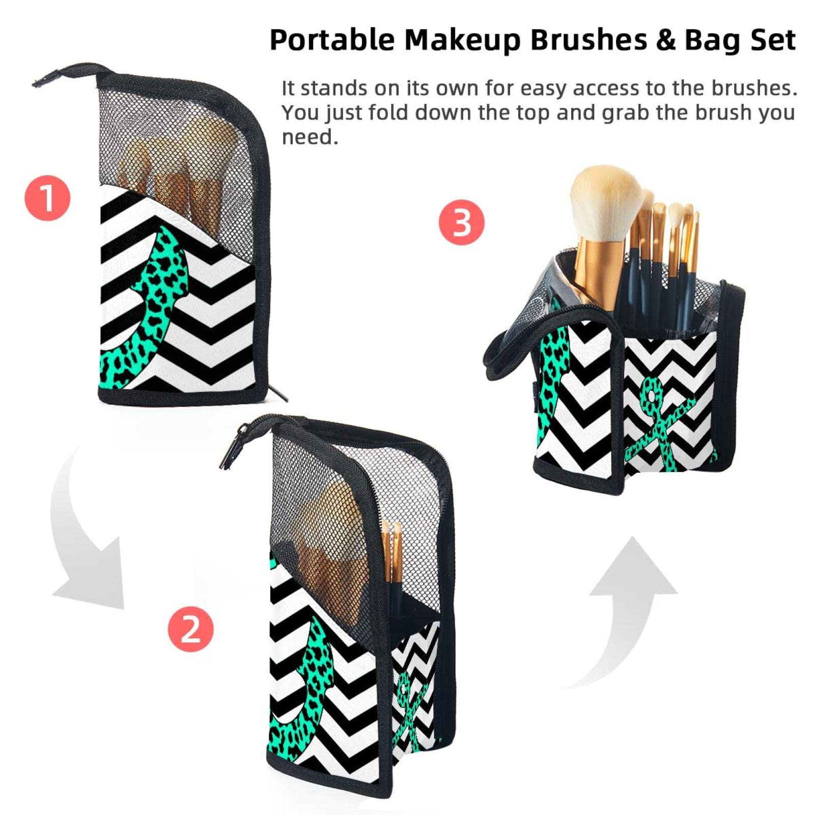 Premium Makeup Brush Organizer Bag with 12 Brushes - Leopard Anchor Wave Stripes Design | Portable Cosmetic Brush Holder Case for Travel & Home Storage | Perfect for Makeup Artists & Beauty Enthusiasts