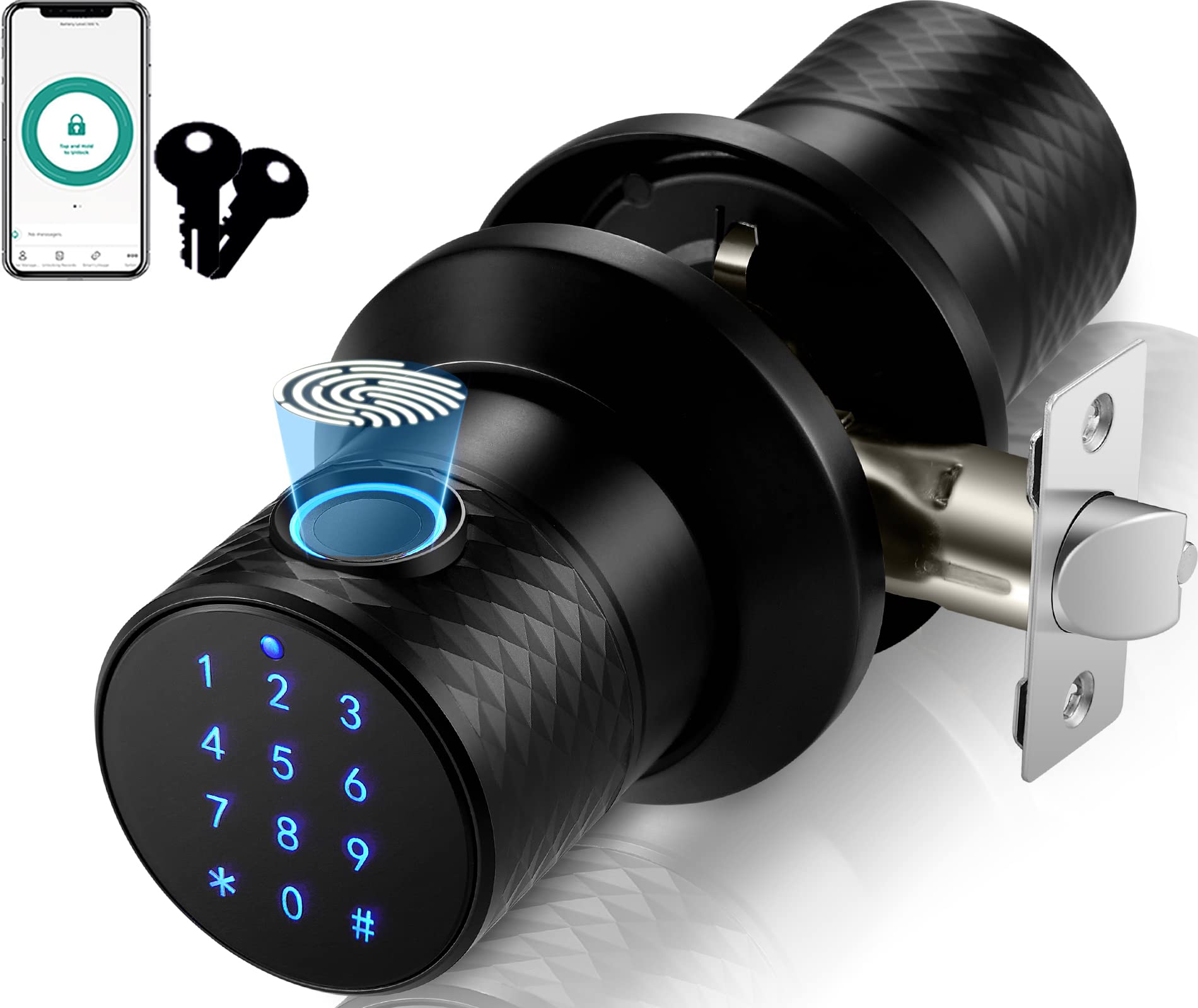 Supamir Smart Fingerprint Door Knob - Biometric Keyless Entry Lock with Tuya App Control (Supports 255 Users & Unlocking Records) - Ideal for Bedroom, Office, Apartment, Hotel & Supply Closet - Black