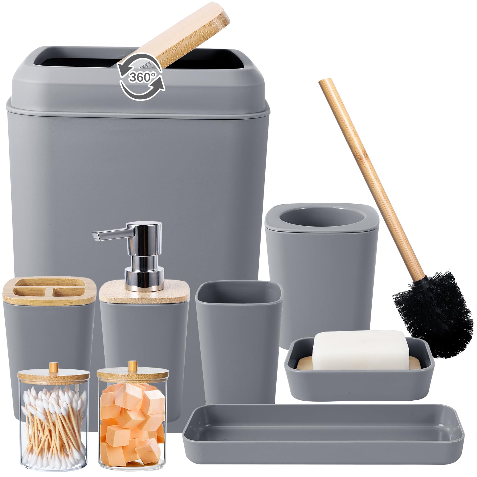 9-Piece Grey Bathroom Accessories Set - Toothbrush Holder, Soap Dispenser, Trash Can & More | Modern Bathroom Decor for Home, Apartment, Hotel (Toothbrush Cup, Vanity Tray, Soap Dish, Toilet Brush, Qtip Holder Included) - Perfect for Guest Bathrooms & Spa-Style Showers