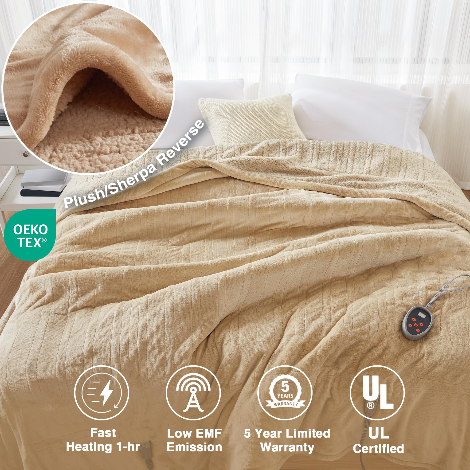 Beautyrest Electric Heated Blanket with 20 Heat Settings & Auto Shut Off - Soft Reversible Sherpa Plush Warming Blanket for Winter, 1-10 Hour Timer, Machine Washable, Full Size 84x80 Inches, Tan - Perfect for Cold Nights, Bedroom Comfort, and Cozy Movie Evenings