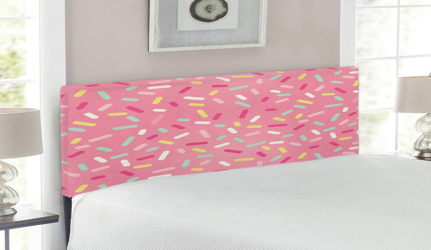 Ambesonne Pink and White Upholstered Headboard - Abstract Donut Sprinkles Design, Queen Size Decorative Metal Bed Headboard with Memory Foam for Bedroom Decor | Perfect for Sweet-Themed Rooms, Bakeries, and Cozy Breakfast Nooks