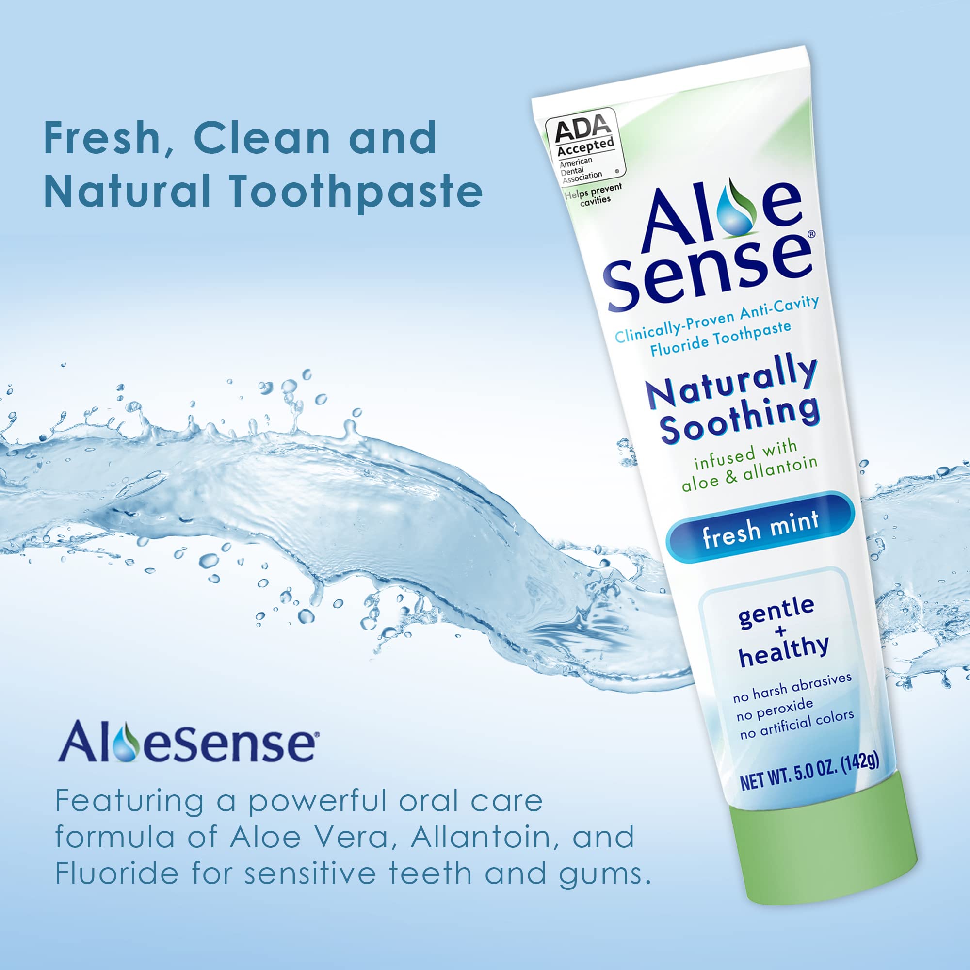**Fluoride Toothpaste for Sensitive Teeth & Gum Care - Natural Aloe Vera & Mint Flavor, ADA Approved (5 oz, 3 Pack) | Gentle Whitening & Fresh Breath for Daily Oral Care**