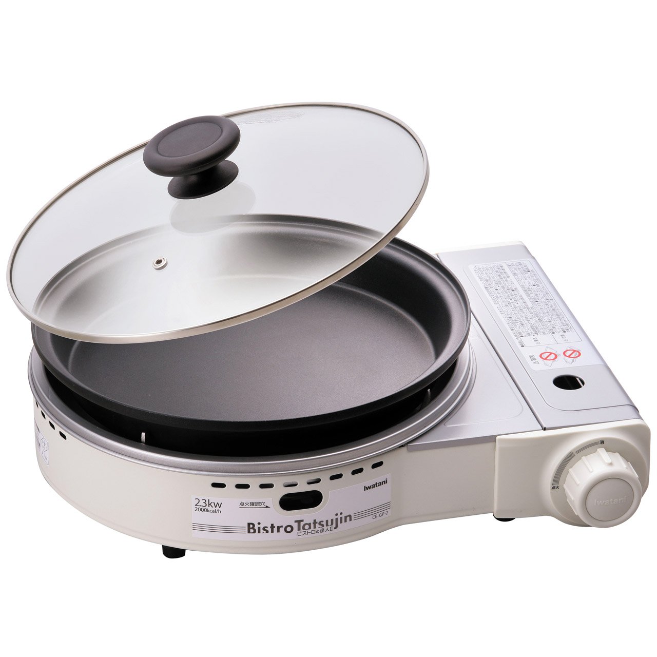 Iwatani CB-GP-2 Bistro Guru II Portable Gas Grill Pan - White Cassette Stove for Outdoor Camping, Picnics & Backyard BBQs