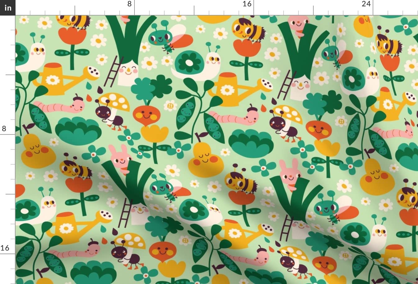 Kawaii Garden Vegetable Flowers Fruit Plants Insects Printed Minky Fabric Fat Quarter - Soft Sewing Material for Baby Blankets, Quilt Backing & Plush Toys - DIY Craft, Home Decor & Nursery Projects