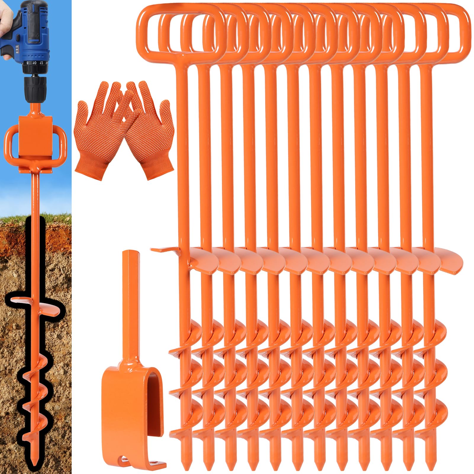 16-Inch Heavy Duty Screw-In Tent Stakes & Ground Anchors Kit - 12PCS Orange with Adapter for Secure Camping, RV, Mobile Home & Tree Straightening - Perfect for Outdoor Adventures, Storms & Windy Conditions