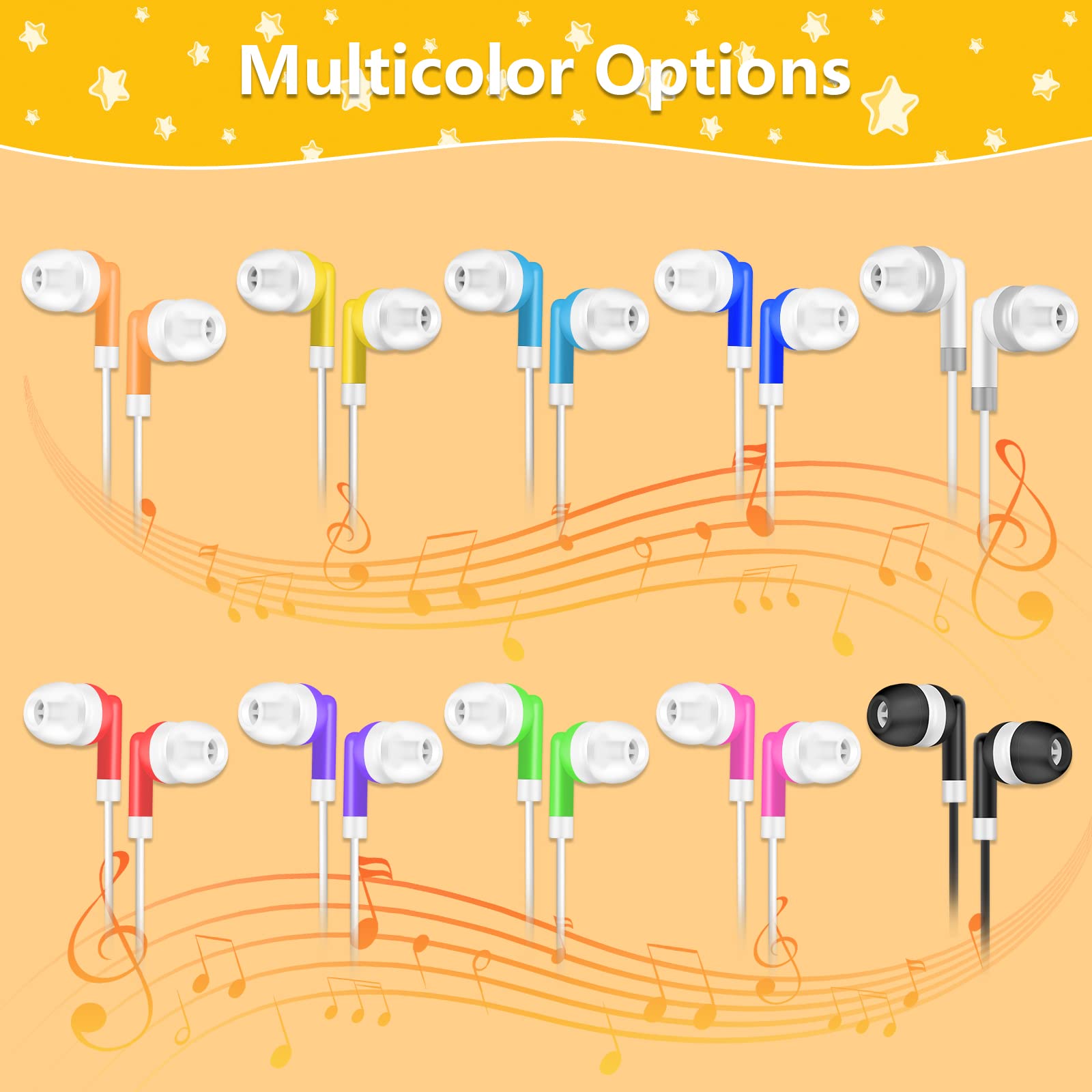 50 Pack Bulk Kids Earbuds - Colorful Individually Bagged Headphones for School, Classroom & Library Use - Wholesale Student Headphones for Learning & Study Sessions