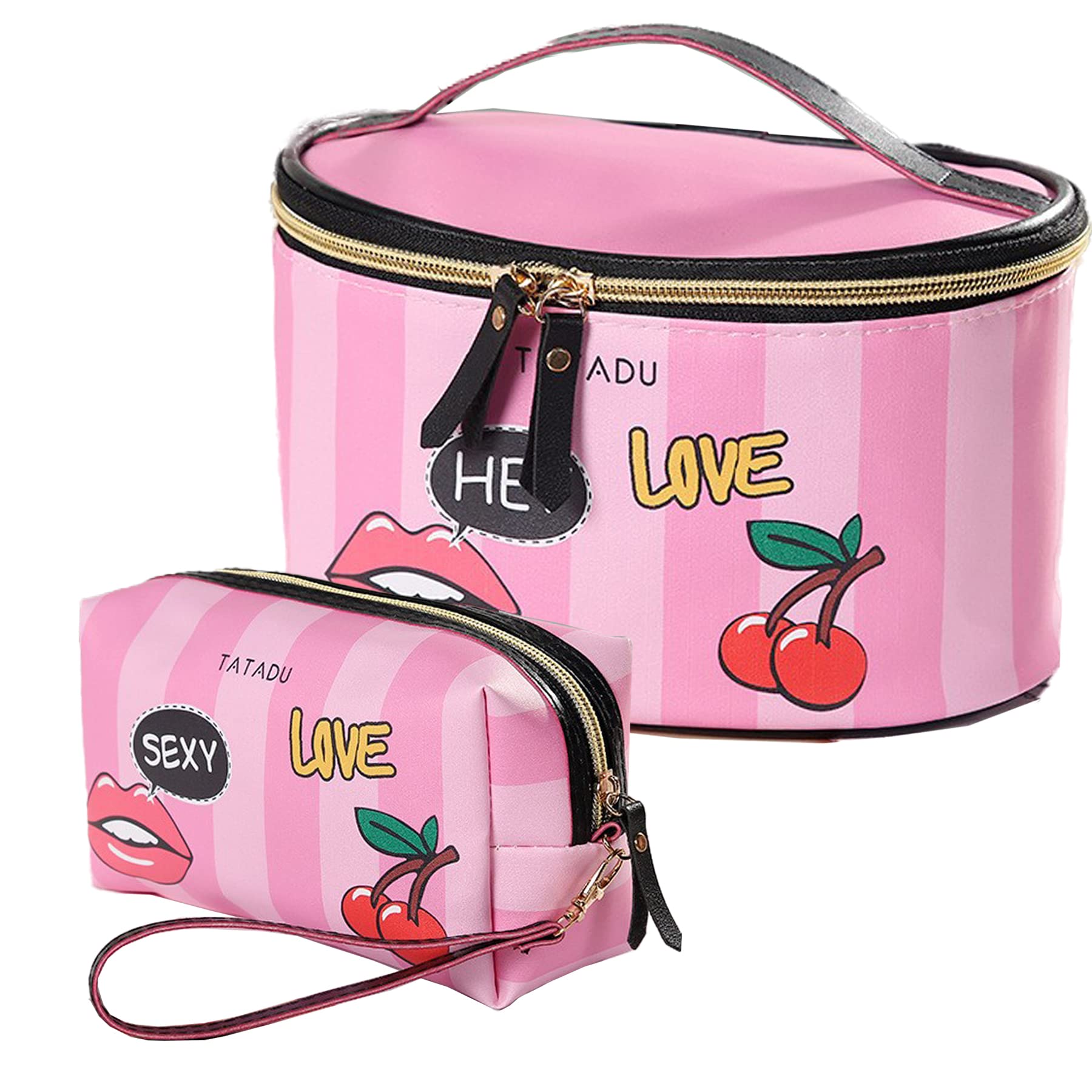 2-Pack Leather Makeup Bag for Women - Waterproof Cosmetic Organizer, Travel Makeup Pouch, Portable Toiletry Bag for Girls (Pink Lips Style) - Perfect for Travel, Gym & Daily Cosmetics Storage