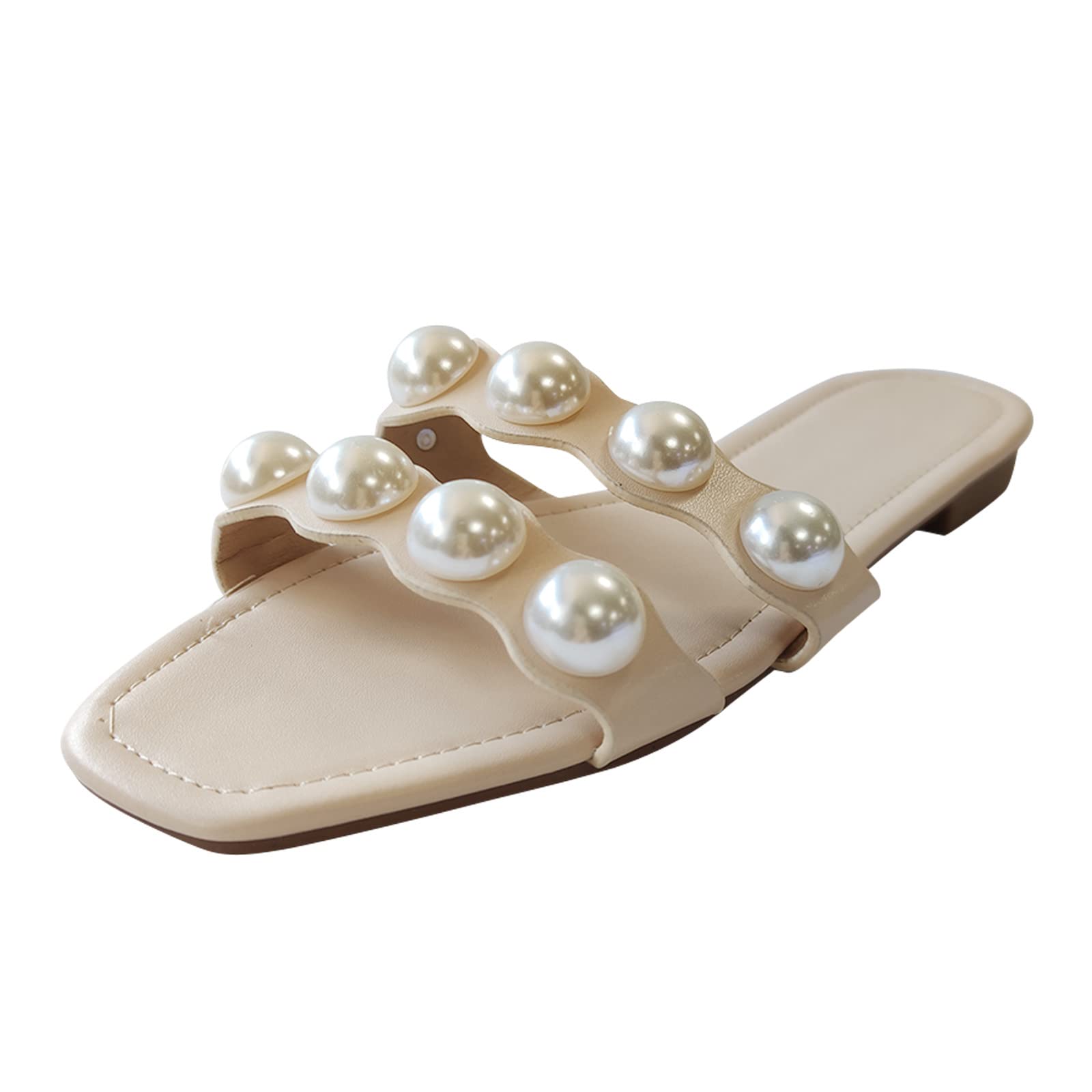 Women's Pearl Flat Toe Summer Slippers - Open Toe Sandals with Non-Slip Sole for Indoor/Outdoor Comfort - Perfect for Beach, Poolside, and Home Relaxation