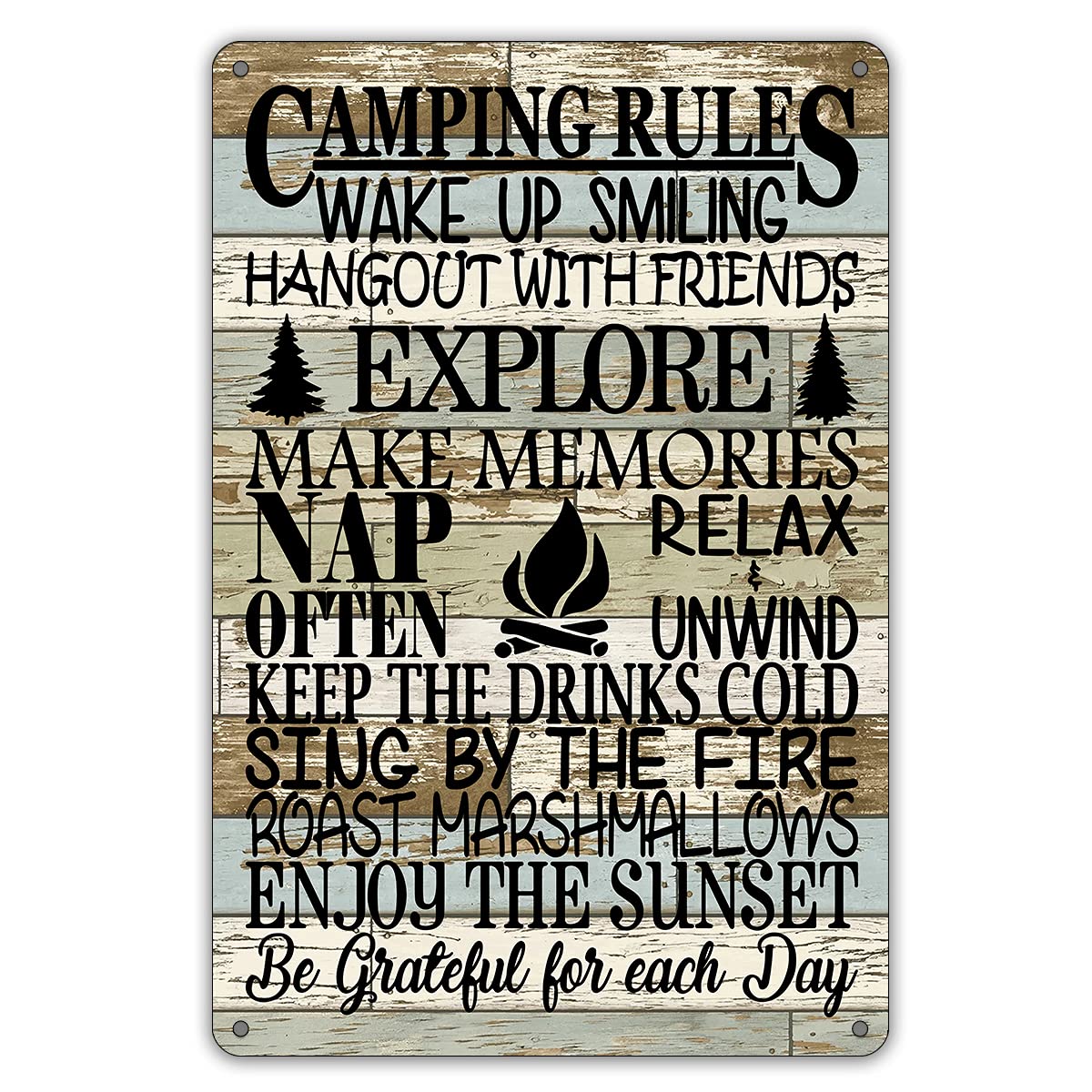 Funny Camping Rules Metal Tin Sign - Rustic Wall Decor for Farmhouse, Camper & Cabin - Vintage Camping Signs with Sayings - Perfect for Home, RV, Man Cave & Outdoor Enthusiast Gifts