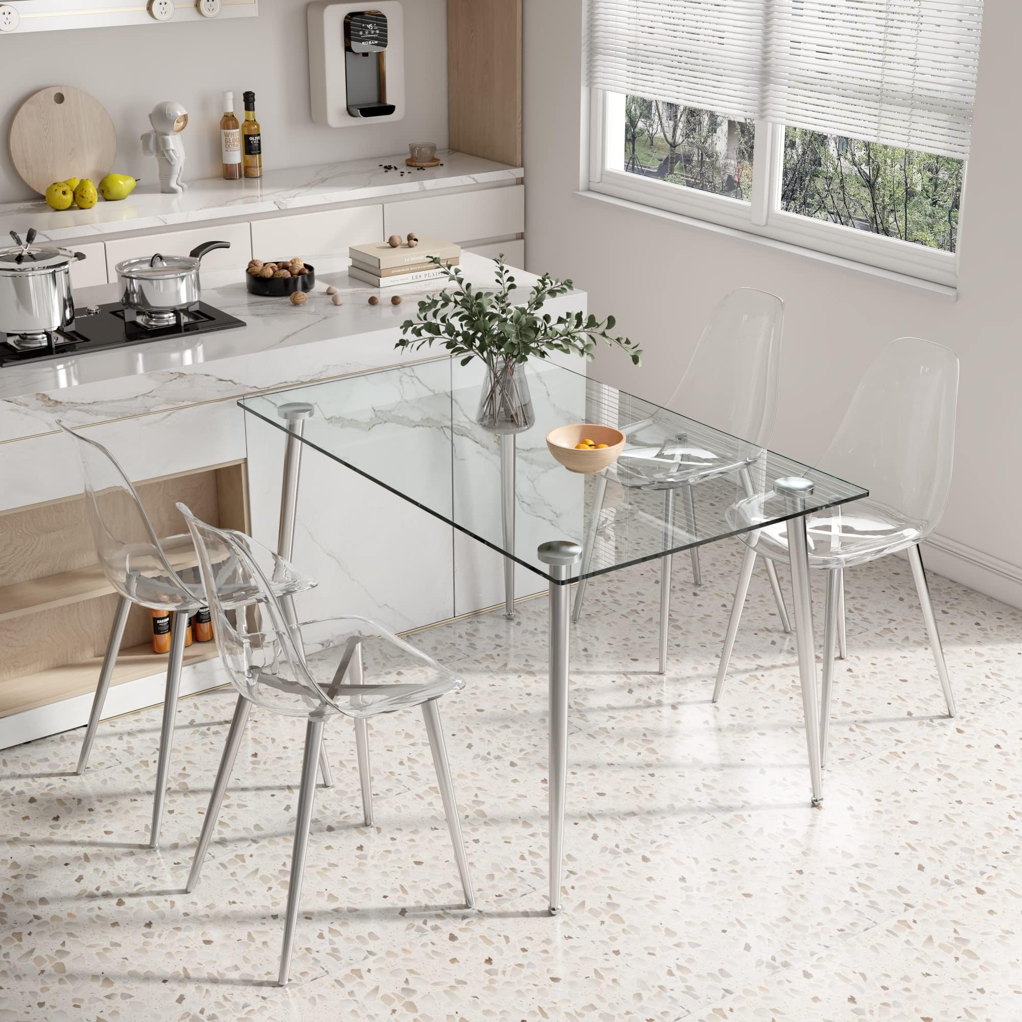 Baysitone 4-Piece Clear Acrylic Dining Chairs Set - Modern Transparent Kitchen Chairs with Sturdy Metal Legs - Silver Finish for Dining Room, Kitchen & Living Room - Perfect for Small Spaces, Minimalist Decor & Contemporary Home Settings