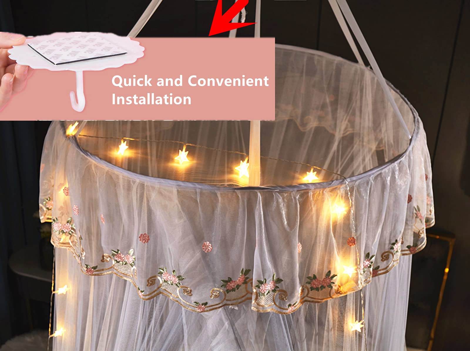 VETHIN Princess Bed Canopy for Girls - Double Layer Sheer Mesh Dome with Elegant Embroidery Lace, Mosquito Net Bed Curtain for Full/Queen/King Size Beds, Includes LED Star String Lights (Grey/White) - Perfect for Kids' Bedrooms, Sleepovers & Fairy Tale Themed Decor