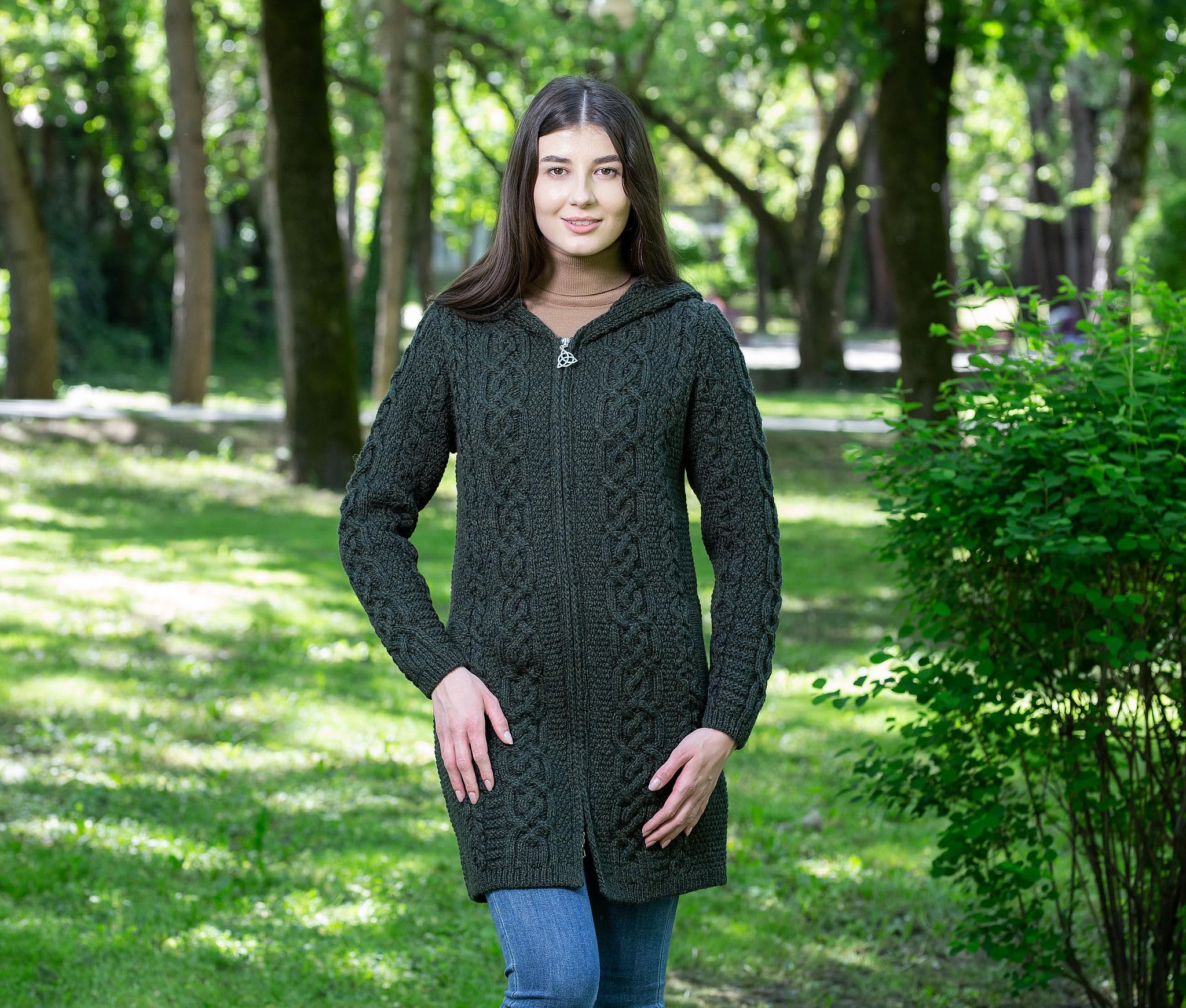 SAOL 100% Merino Wool Aran Irish Cardigan for Women - Hooded Zip Up Sweater with Pockets & Celtic Design | Warm Winter Knitwear for Casual Outfits, Office Wear & Outdoor Activities