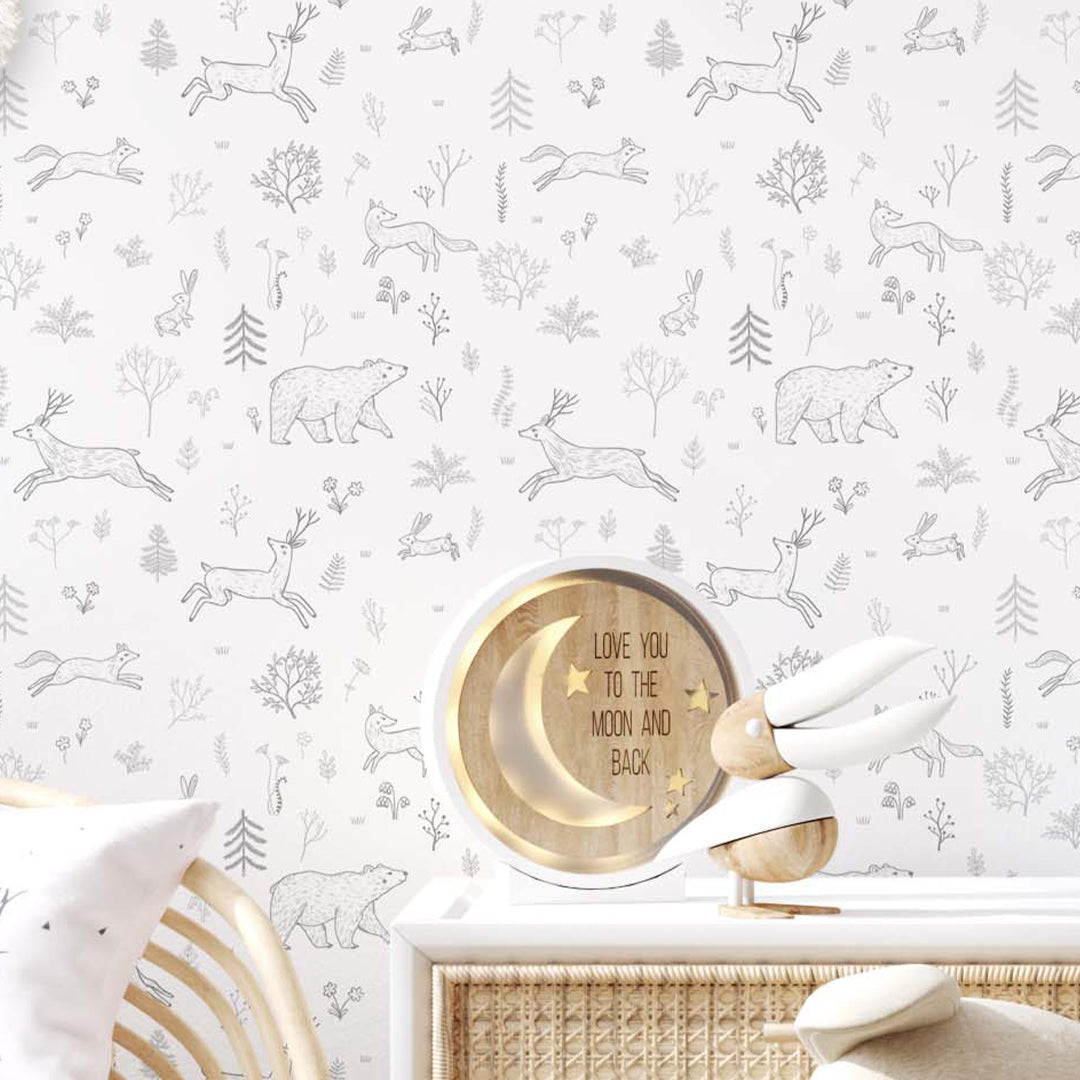 Gray Forest Animals Wallpaper S034 - Wildlife Themed Peel and Stick Removable Wallpaper for Nursery, Kids Room & Home Decor