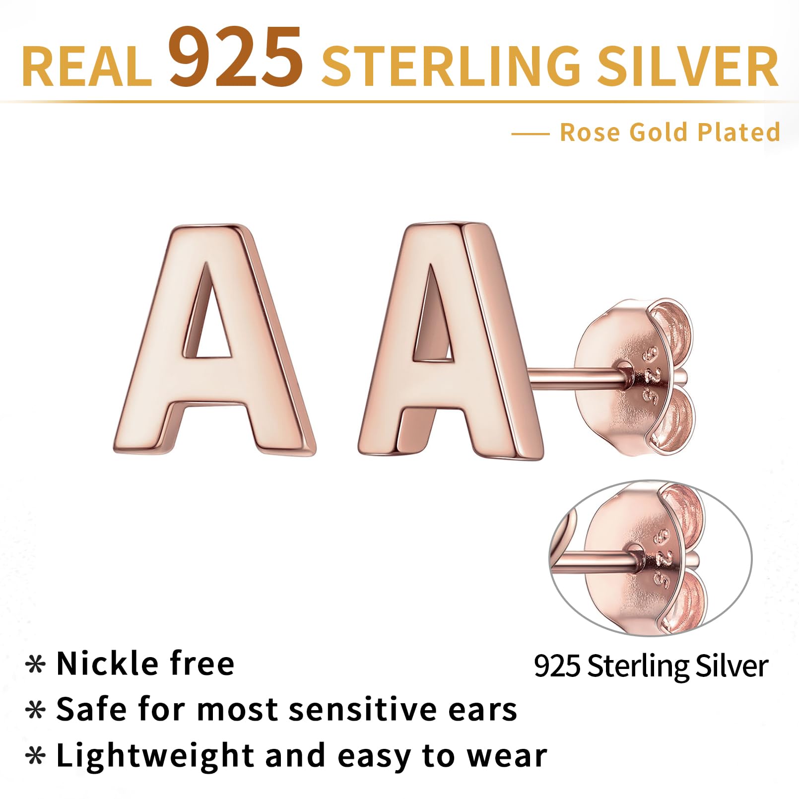 Hypoallergenic 925 Sterling Silver Initial Letter Stud Earrings for Women - Tiny A-Z Alphabet Earrings for Sensitive Ears - Elegant Gift Box Included - Perfect for Everyday Wear, Gifts & Special Occasions