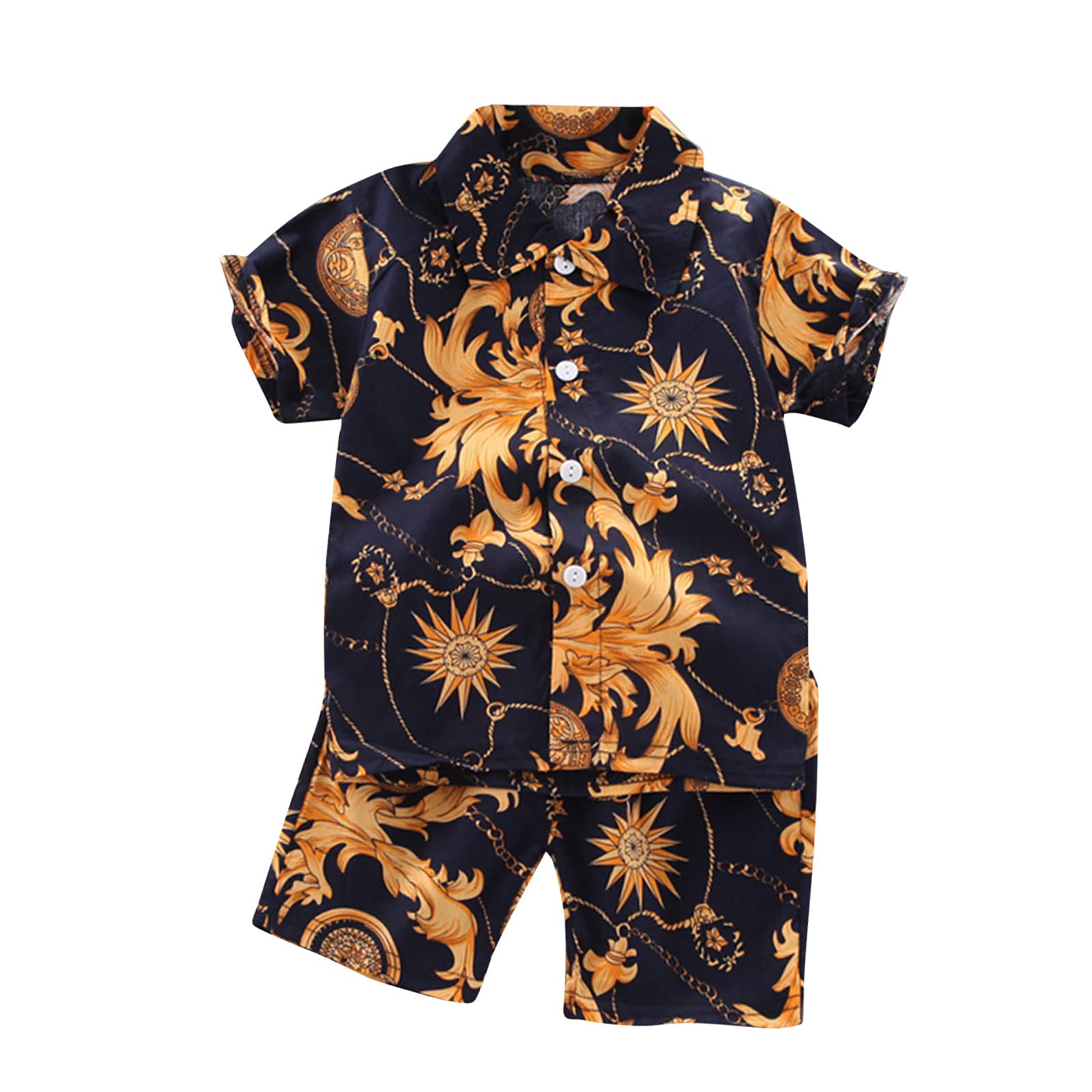 Newest Boys' 2-Piece Shirt & Shorts Set - Summer Floral Print Dress Shirt with Bermuda Shorts - Toddler Kids Clothes for Outdoor Play, Beach Vacation & Family Photos
