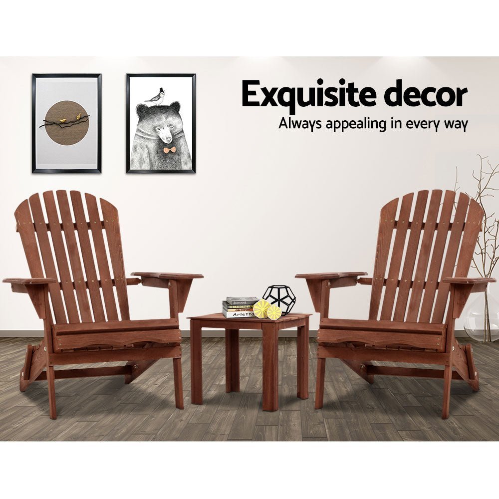 3PC Adirondack Outdoor Table and Chairs Set - Foldable Wooden Patio Furniture for Garden, Beach, Poolside - Weather-Resistant Brown Finish for Backyard Relaxation