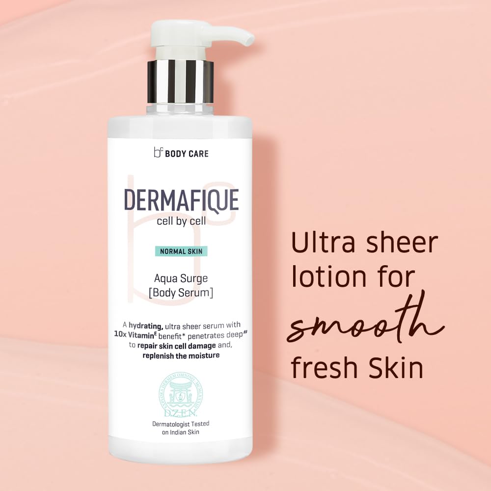 Dermafique Aqua Surge Body Lotion Serum with Shea Butter & 10x Vitamin E - 500ml Moisturizer for Normal Skin | Repairs Skin Cell Damage | Dermatologist Tested | Perfect for Daily Hydration & Post-Shower Care
