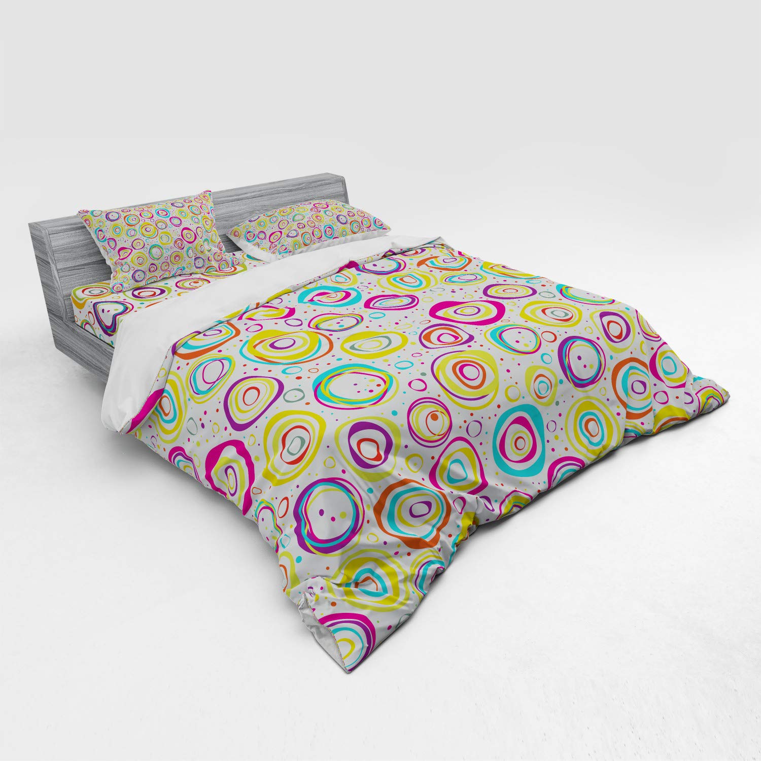 Ambesonne Geometric Duvet Cover Set - Spirals with Funny Dots Bubbles Print 3-Piece King Size Bedding Set with Sham & Fitted Sheet | Modern Home Decor for Master Bedroom, Guest Room & Dorm
