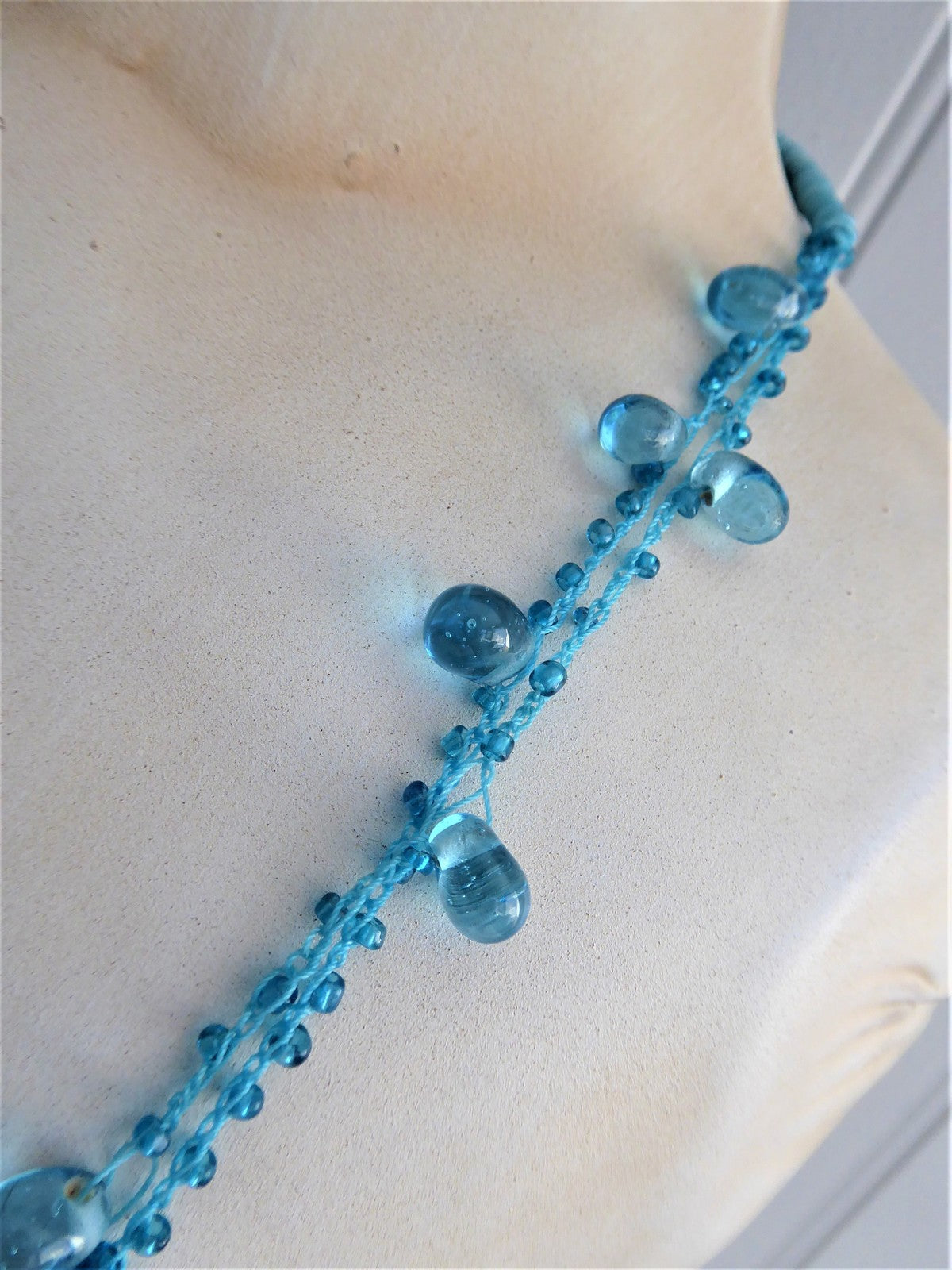 Handmade Turquoise Blue Art Glass Necklace - Unique Crocheted Teardrop Pendant - Glacier Ice Blue Jewelry for Women - Perfect for Boho Chic, Beach Wedding & Gift Giving