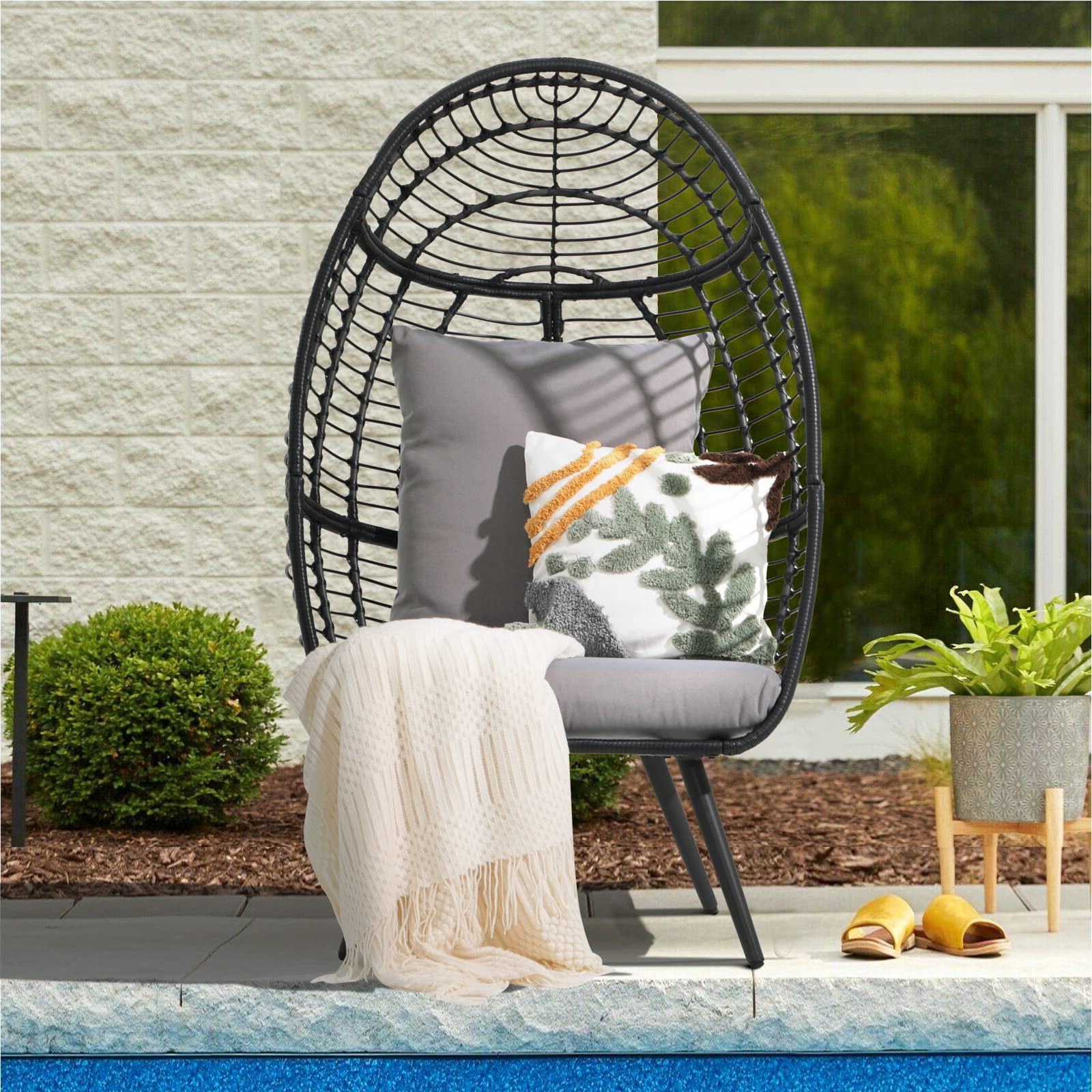 Patiorama Wicker Egg Chair for Outdoor & Indoor Use - Rattan Lounge Chair with Cushion & Sturdy Legs - 350 lbs Capacity Basket Weave Chair for Bedroom, Living Room, Porch, Garden (Grey) - Perfect for Relaxing in Your Backyard or Sunroom