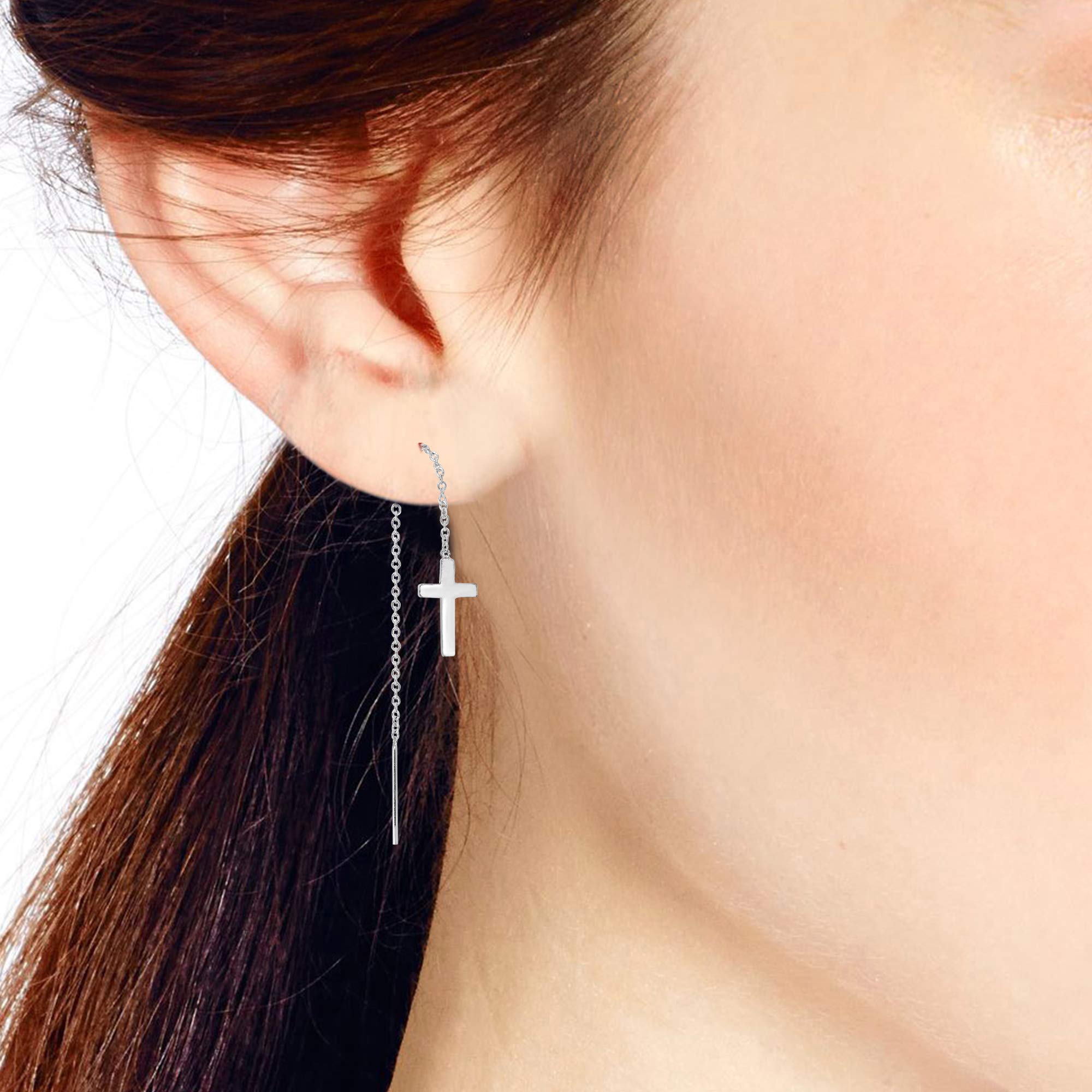 Faith Cross Slide-Through Dangle Earrings for Women | .925 Sterling Silver Religious Jewelry | Classic Christian Earrings | Perfect for Church, Weddings & Daily Wear