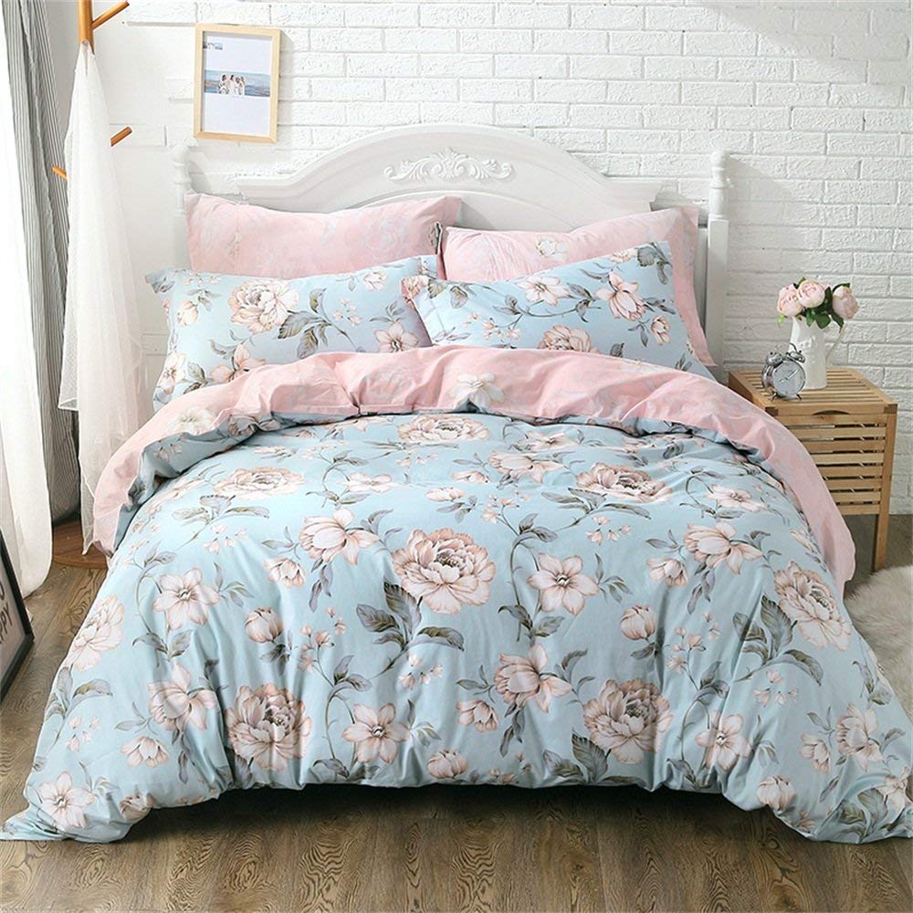 FADFAY Shabby Chic Pink Blue Floral Cotton Duvet Cover Set - 4-Piece Queen Size Bedding for Girls, Women & Teens - Perfect for Boho Bedroom Decor, Guest Room or Dorm
