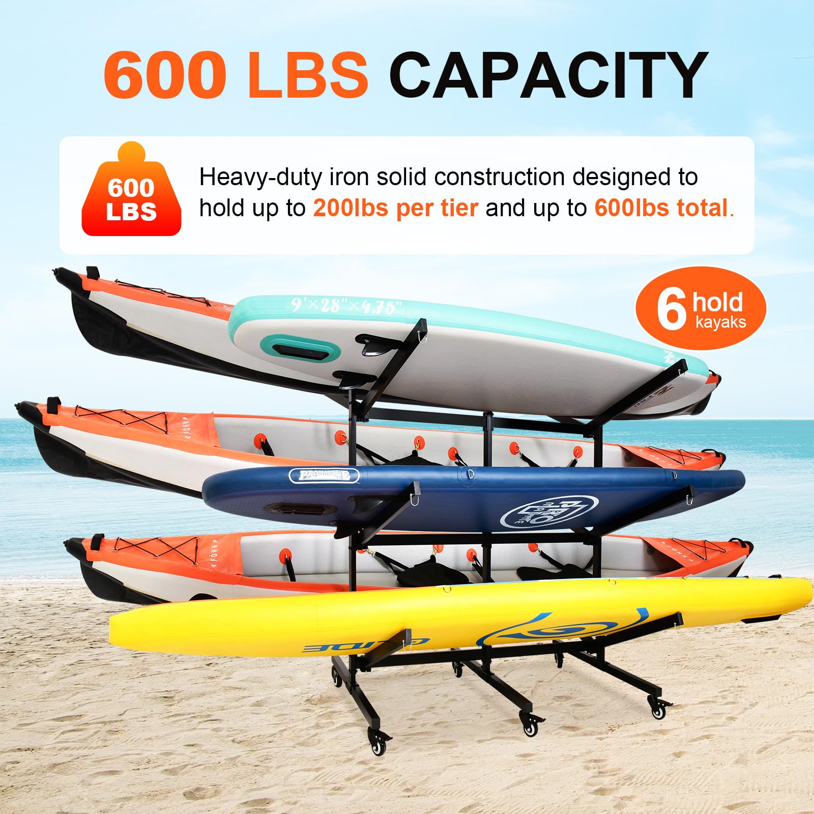 **Heavy-Duty Kayak Stand & Storage Rack – Holds 6 Kayaks, SUPs, Canoes – 400 LB Capacity with Wheels for Easy Transport – Garage & Outdoor Storage Solution – Includes Kayak Paddle Holder – Perfect for RV, Backyard, Dock & Marina Organization**