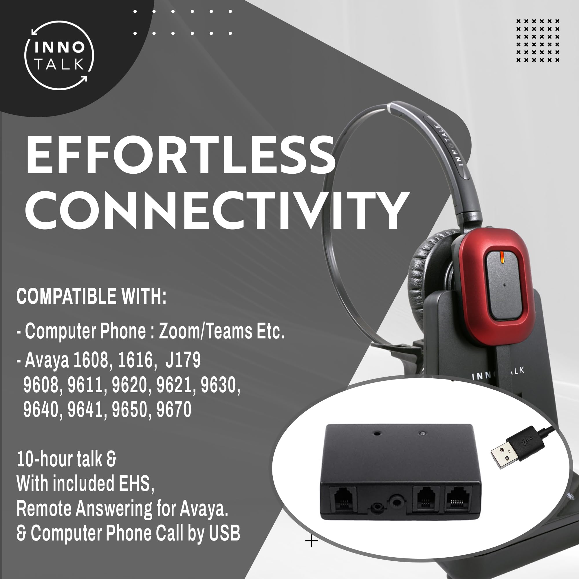 INNOTALK Wireless Headset for Computer Calls & Remote Answering – Compatible with Avaya 9608, 9610, 9611, 9620, 9621, 9630, 9640, 9641G, 9650, 9670 (Explorer) – Ideal for Office, Call Center & Remote Work