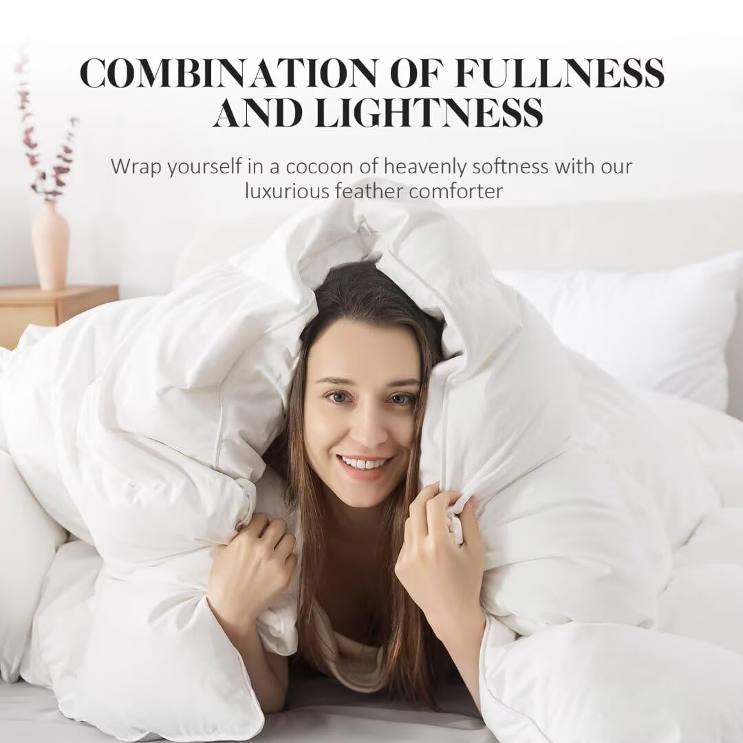 Premium Feather Down Fiber Comforter - All Season Luxury White Bedding - Ultra Soft 100% Cotton Duvet Insert - King Size 106x90 Inches - Perfect for Master Bedrooms, Guest Rooms & Cozy Winter Nights
