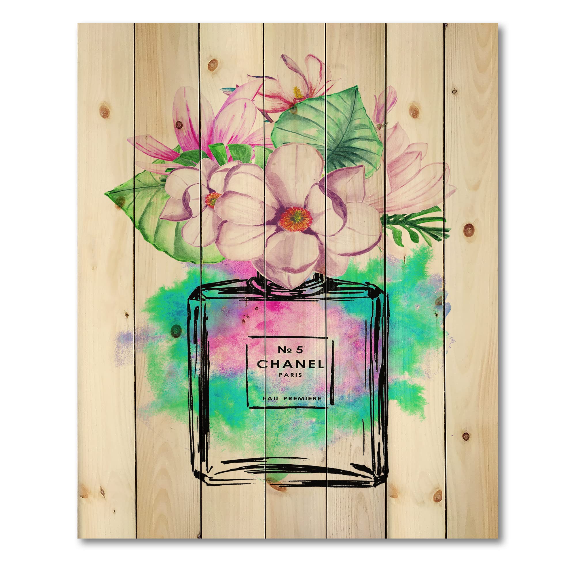 DesignQ Chanel No.5 Inspired Perfume Wood Wall Art - Modern Pink Floral Decor, Large Pine Wood Wall Panel for Living Room, Bedroom & Office