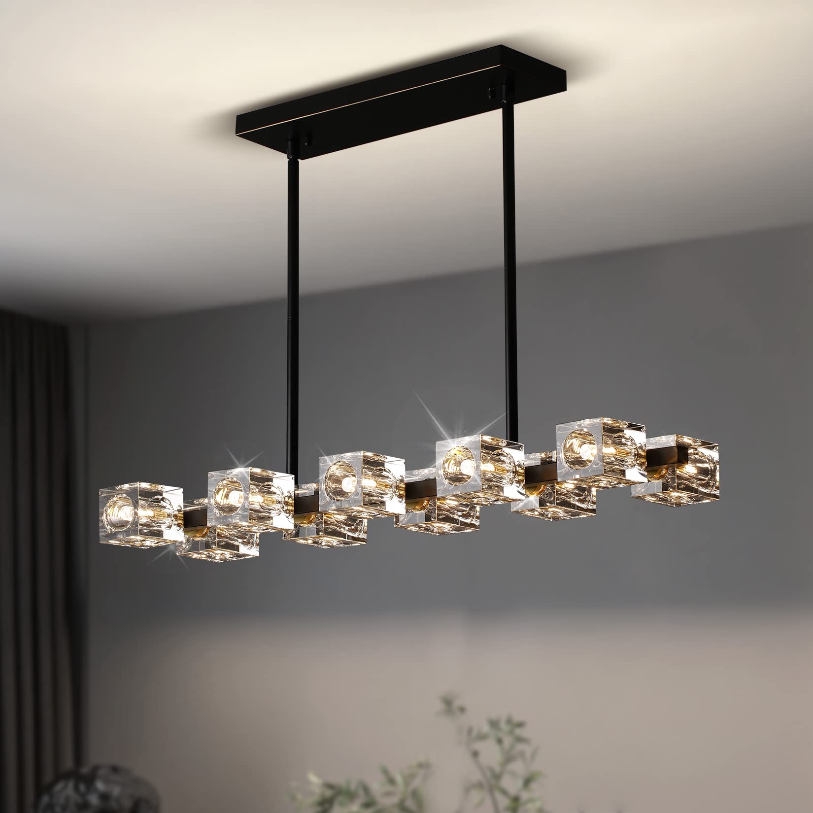Modern Crystal Chandelier Semi-Flush Mount Ceiling Light - 10-Light Black Metal Crystal Pendant Fixture for Dining Room, Kitchen Island, Farmhouse & Living Room | Elegant Lighting for Home Decor & Dinner Parties