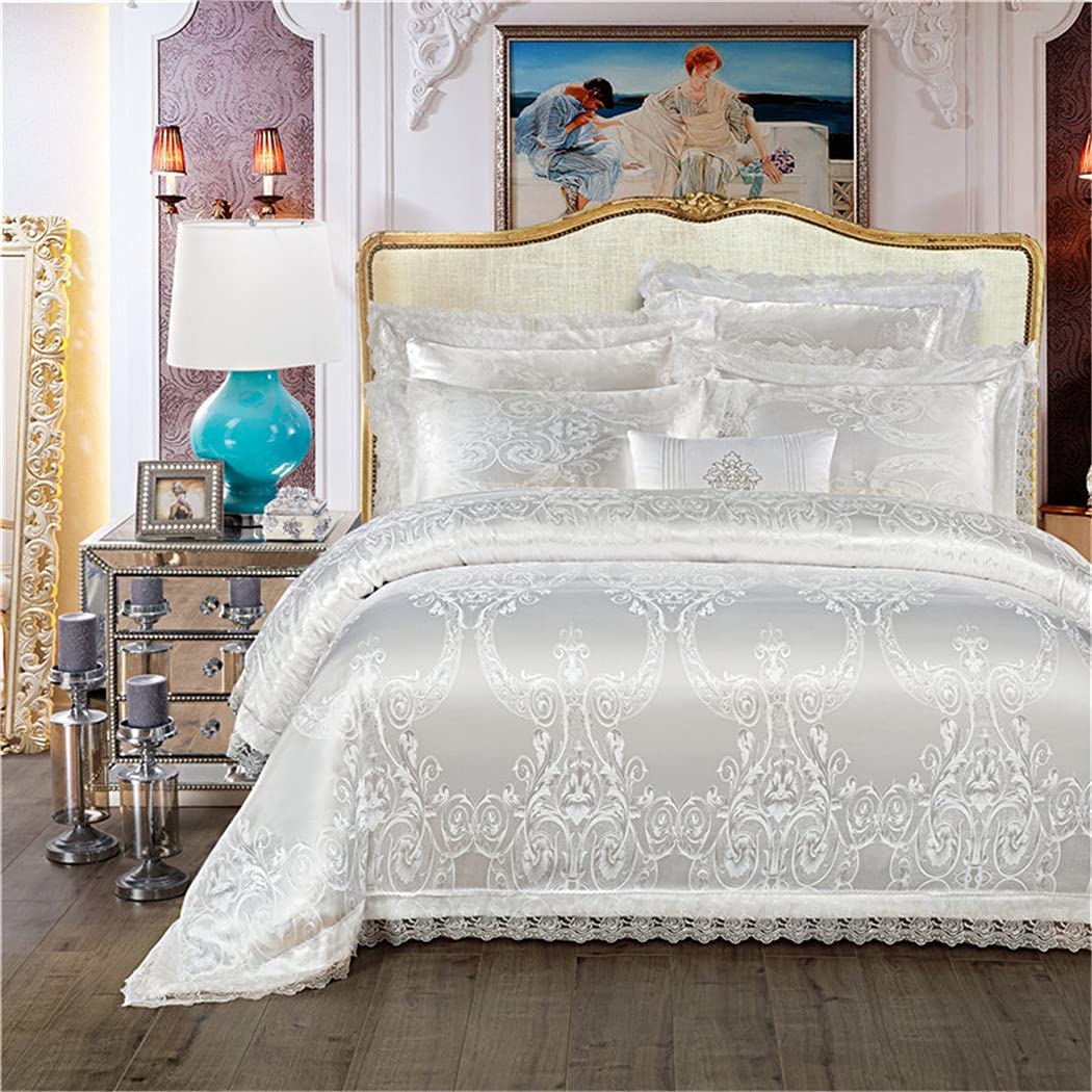 Luxury Jacquard Cotton King Queen Size Duvet Cover Set - White & Red Wedding Bedding Collection | Perfect for Master Bedroom, Bridal Suite, and Anniversary Gifts