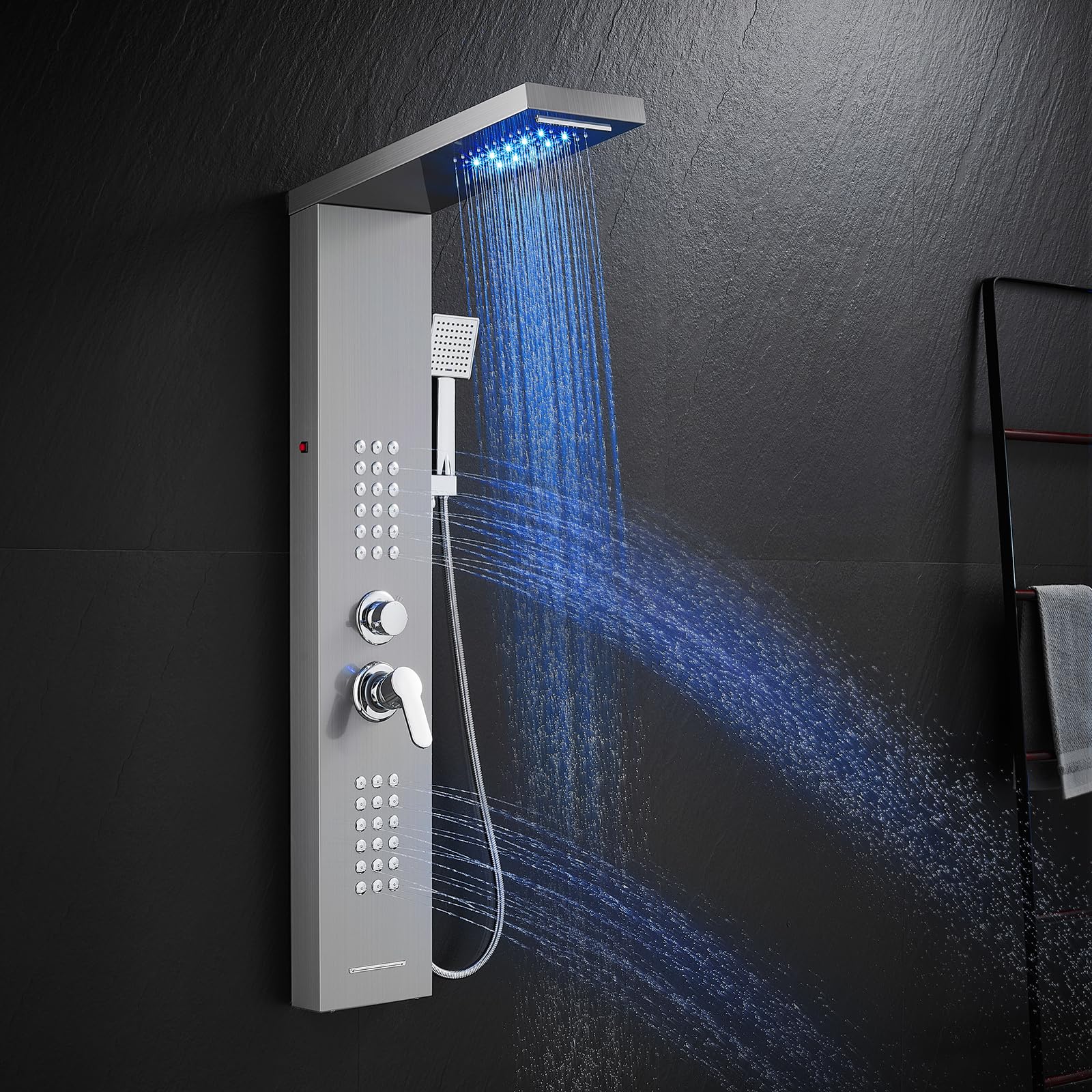 ROVATE 5-in-1 LED Shower Panel Tower System - Brushed Stainless Steel Rainfall Shower with Waterfall, Massage Jets & Handheld Sprayer - High Pressure Shower Column with Tub Spout for Luxurious Bathroom Upgrade (Perfect for Master Bath, Spa-Like Experience)
