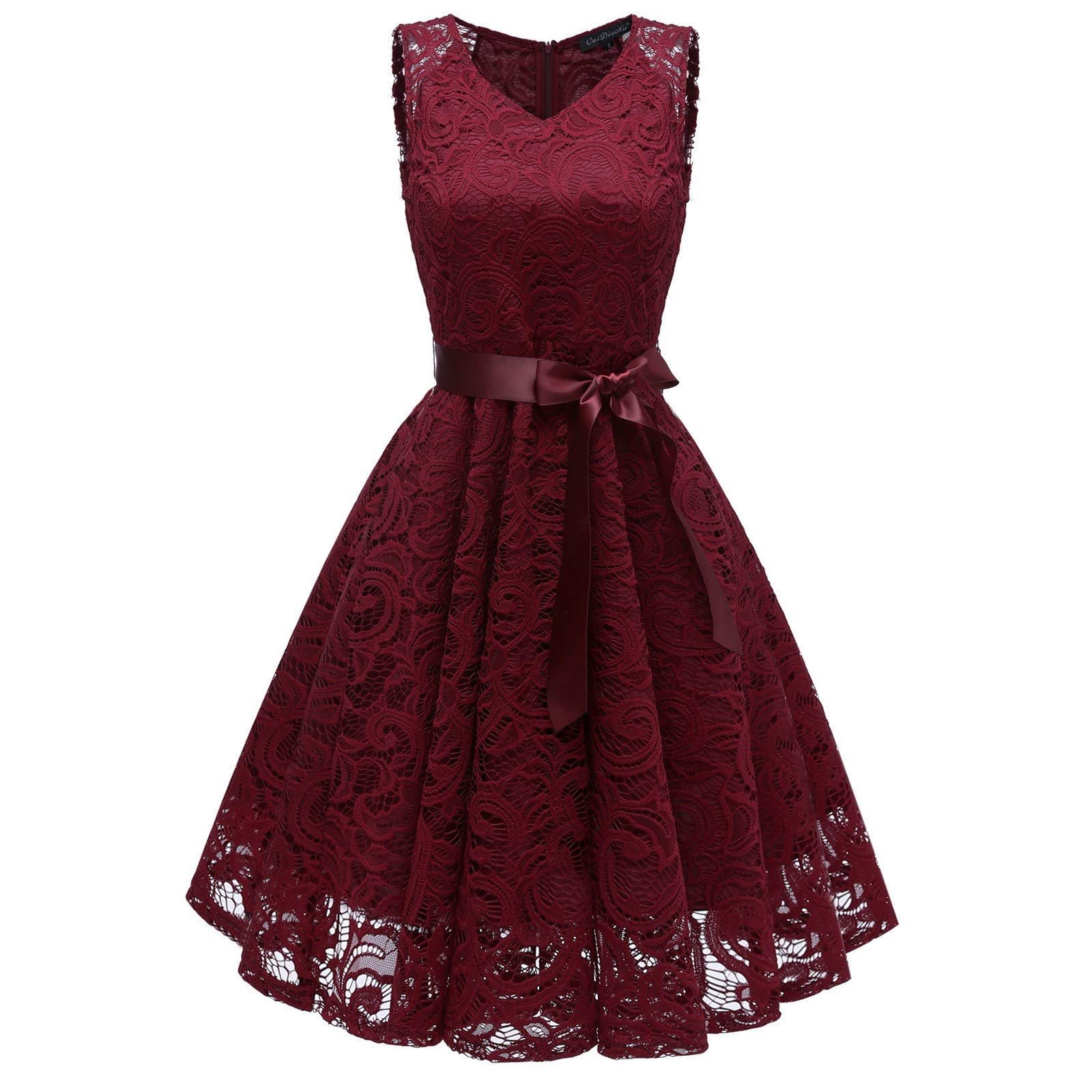 iQKA Women's Floral Lace Sleeveless V-Neck Mini Dress with Belt - A-Line Swing Cocktail Dress for Wedding, Party & Special Occasions