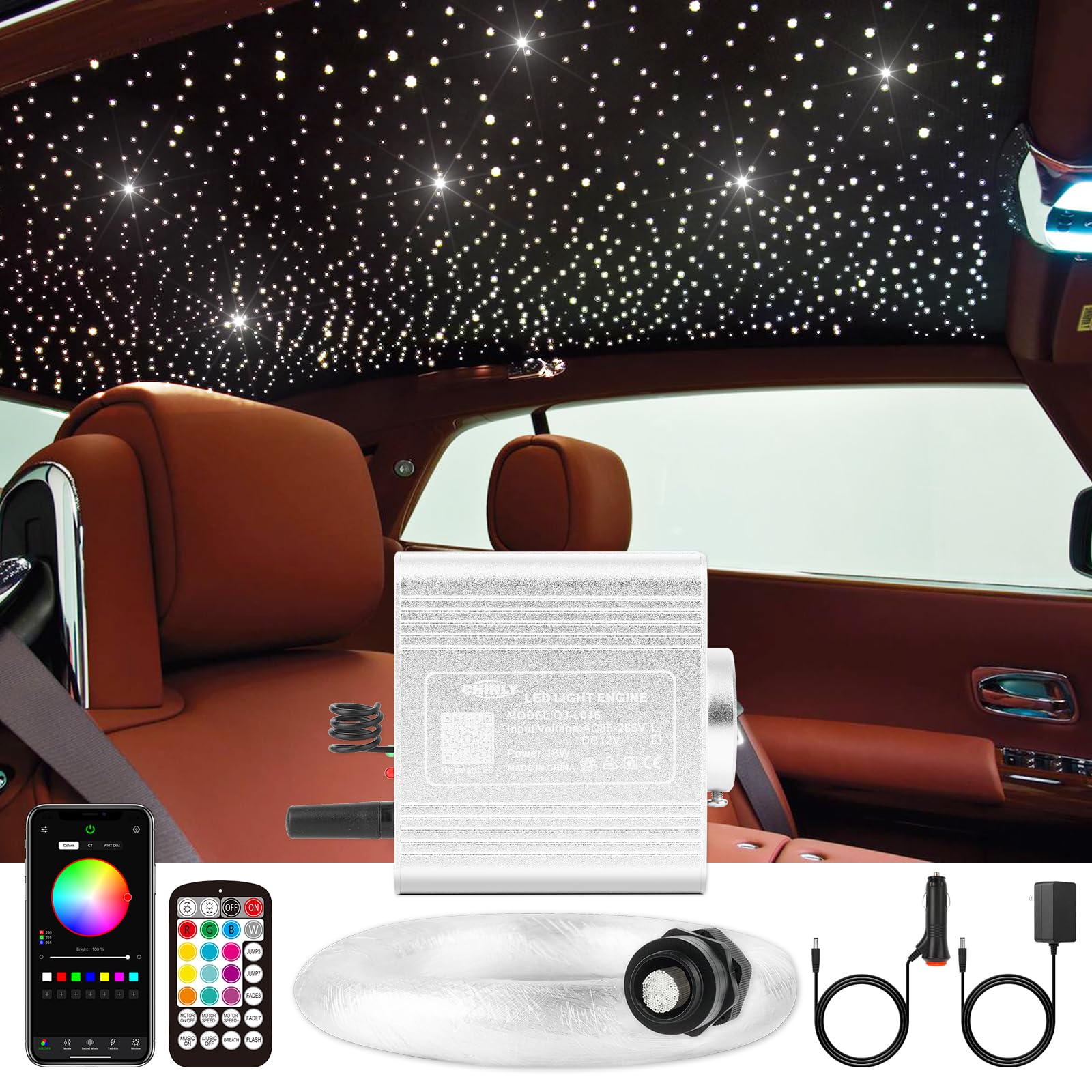 CHINLY 550pcs Starlight Headliner Kit - Upgraded Twinkle Star Lights for Car with APP Control, RGBW Fiber Optic Lights for Car Ceiling | Perfect for Car Theater, Romantic Dates & Night Driving