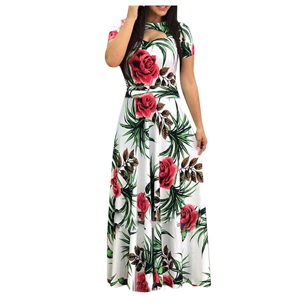 Women's Floral Boho Print Short Sleeve Maxi Dress - Casual Long Tunic Dress for Summer Beach, Vacation & Everyday Wear