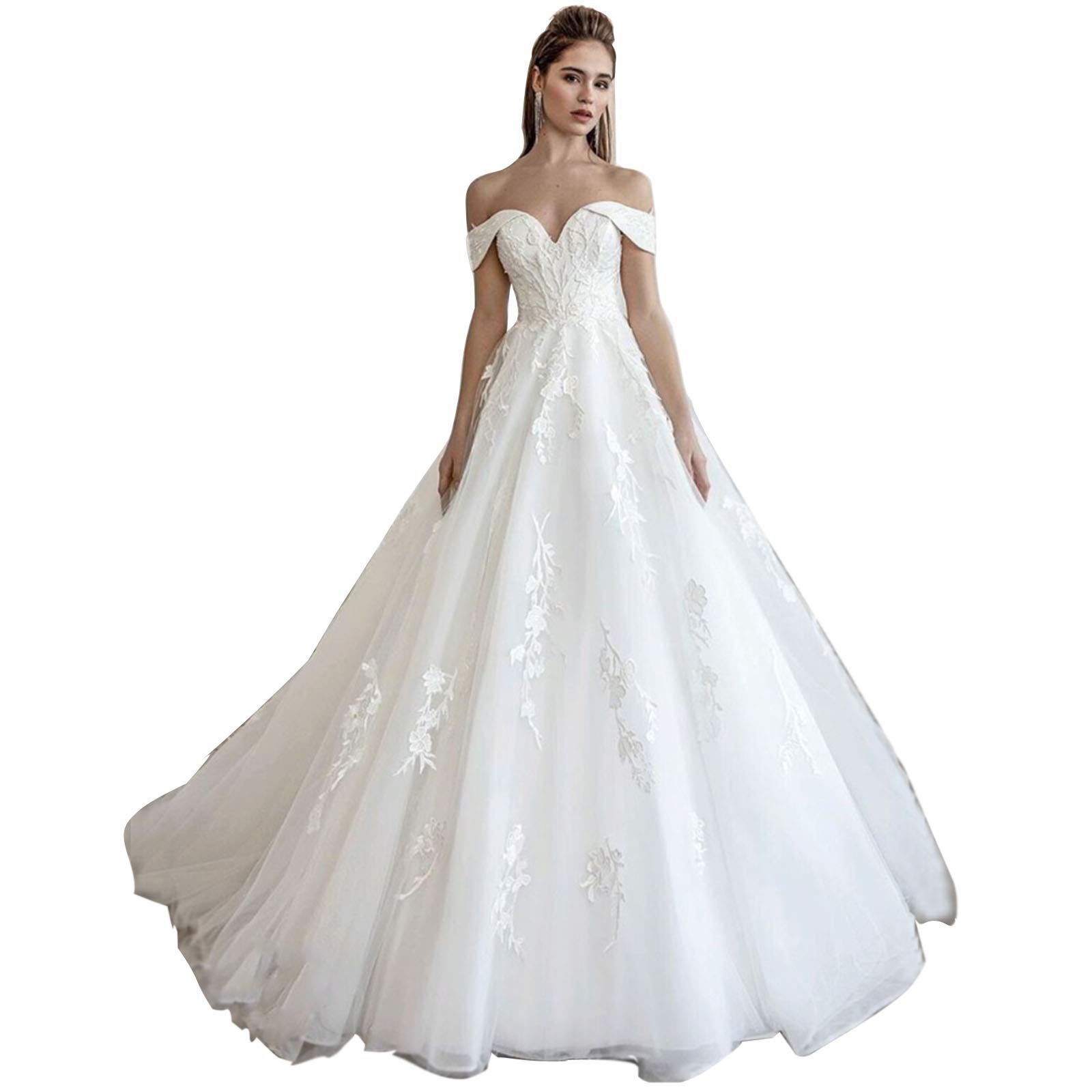 Elegant A-Line Lace Applique Wedding Dress with Long Tulle Train - Off Shoulder Strapless Bridal Gown for Bride | Perfect for Church Ceremony, Beach Wedding & Formal Reception