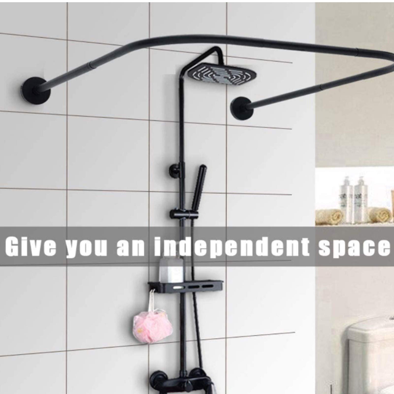 EEUK U-Shaped Adjustable Stainless Steel Shower Curtain Rod - Rustproof Extendable Corner Shower Rod for Bathroom & Shower Stall - Perfect for Outdoor Use & Small Spaces (Black)