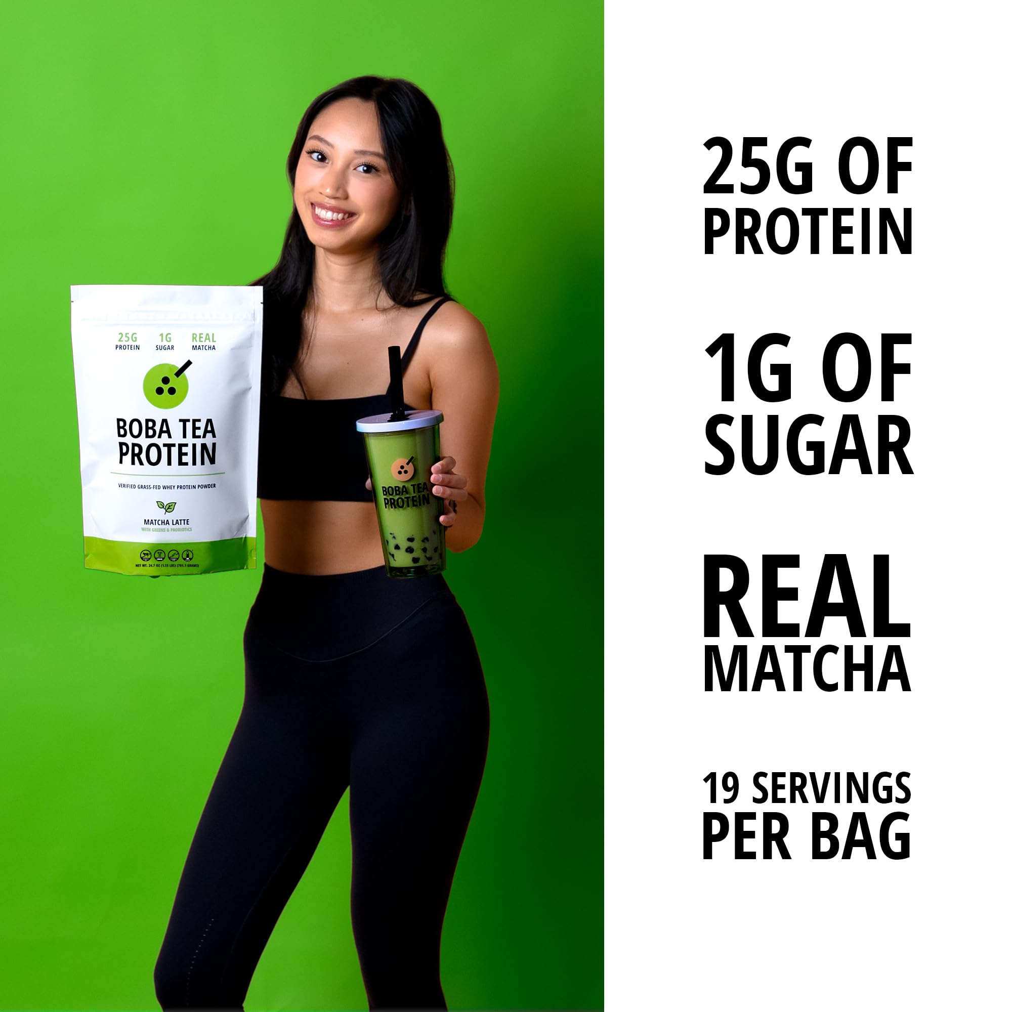 Boba Tea Protein Matcha Latte Powder | 25g Grass-Fed Whey Protein Isolate | Gluten-Free, Soy-Free & Lactose-Free Protein Drink | 19 Servings with Real Ingredients | Perfect for Post-Workout Recovery, Healthy Snacking & Bubble Tea Lovers