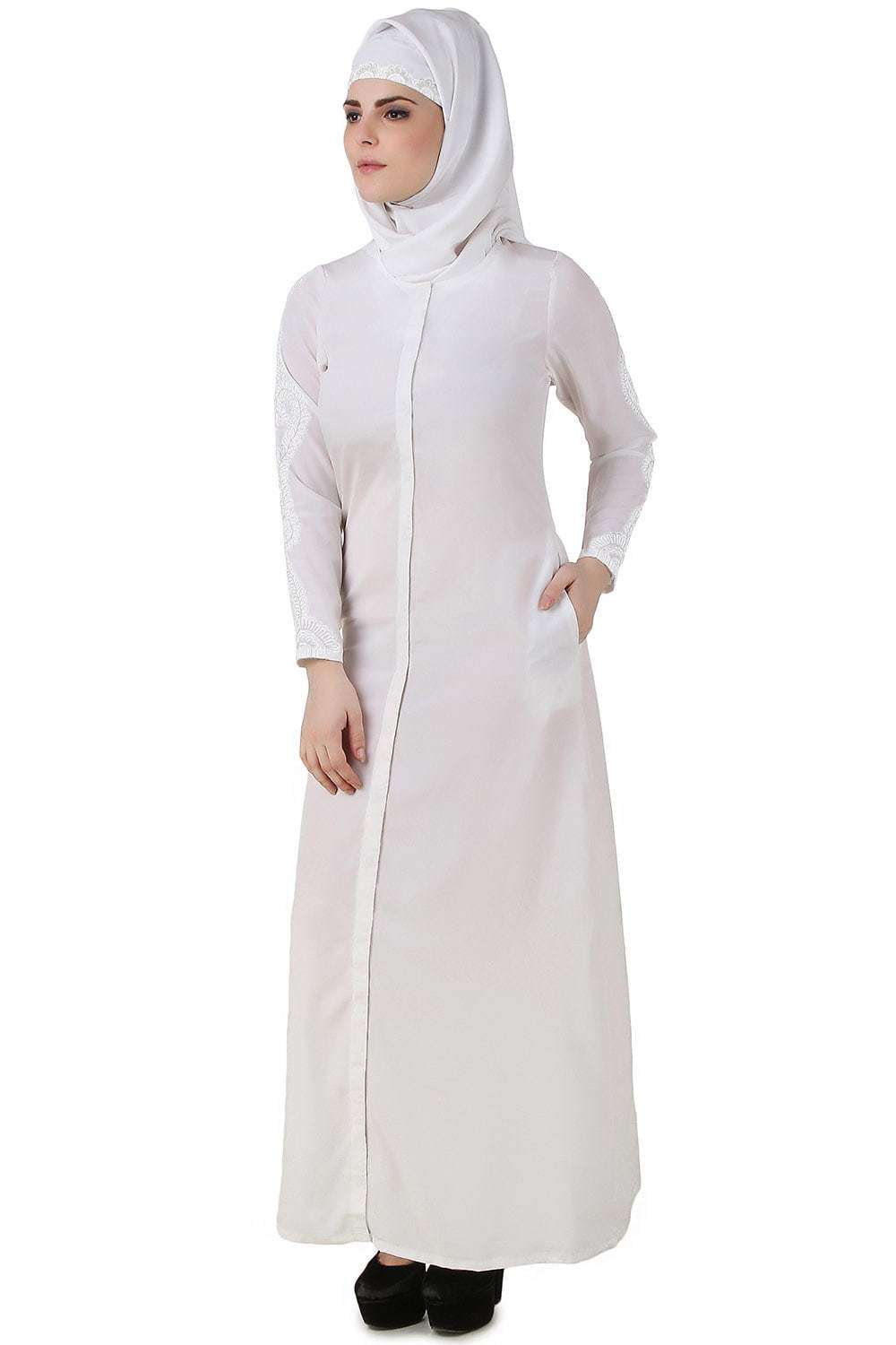 Elegant White Front Open Cotton Abaya for Women - Modest Islamic Prayer Dress - Perfect for Mosque, Eid, and Special Occasions