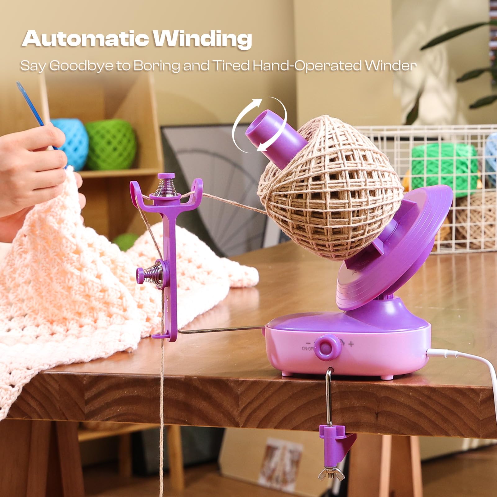 Electric Yarn Ball Winder Machine - 10oz Large Automatic Yarn Winder with Dual-Spring Tension & Stepless Speed for Crocheting, Knitting - Perfect for Crafting Yarn Cakes & DIY Projects (Purple)