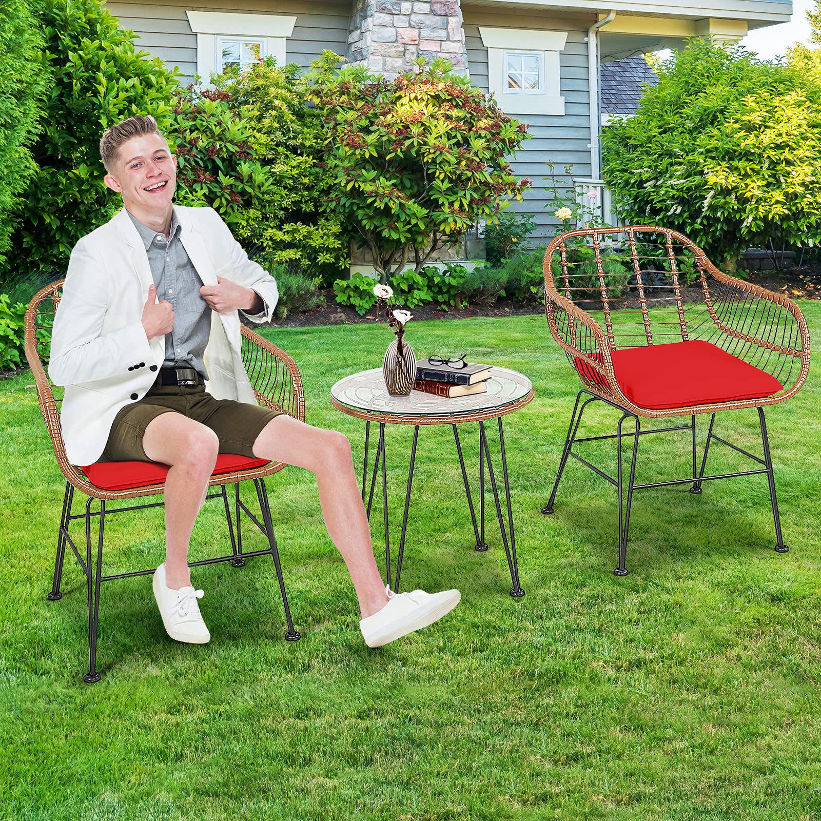 RELAX4LIFE 3-Piece Outdoor Patio Furniture Set - Rattan Bistro Table with Tempered Glass Top & 2 Wicker Armchairs - Perfect for Garden, Backyard, Porch, Balcony - Red Wicker Conversation Set for Relaxing & Entertaining Guests
